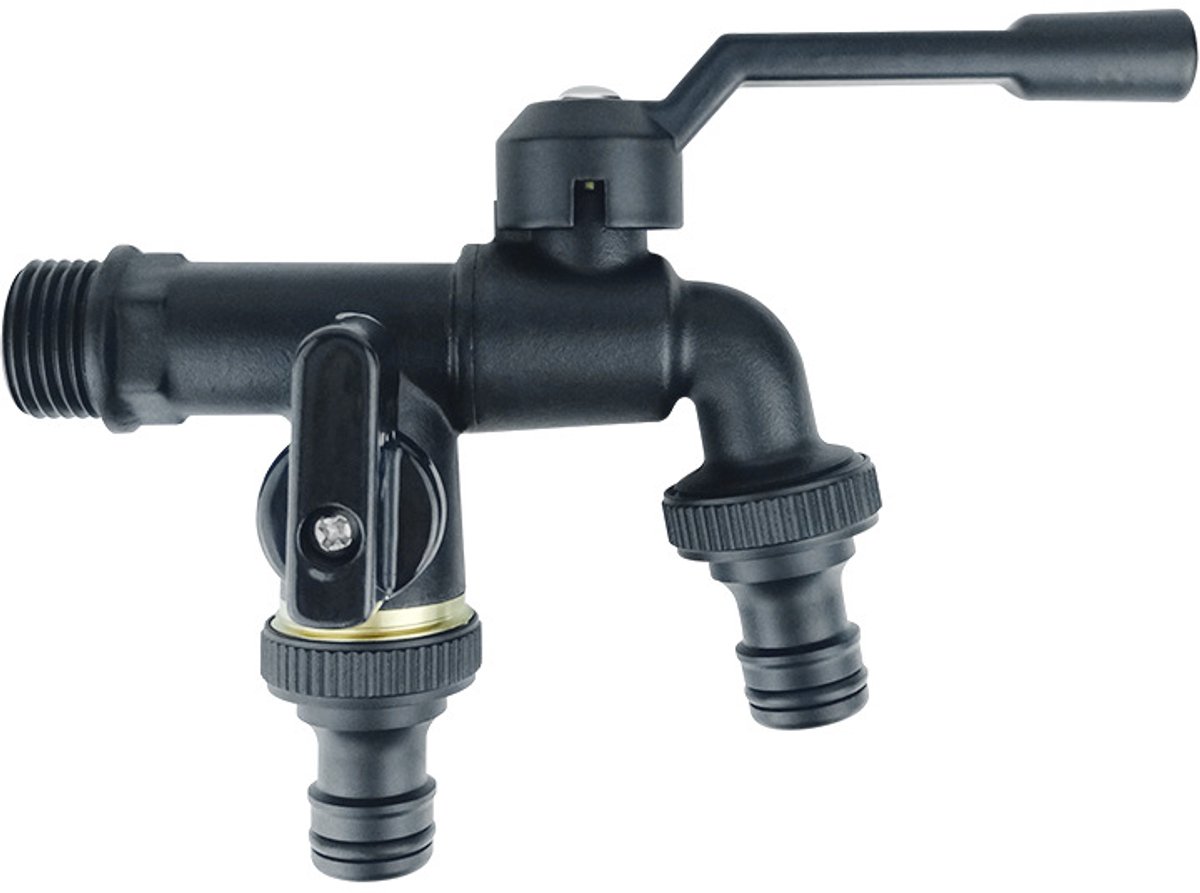 Brass double drain fitting for outdoor use - 3/4 inch - black - frost resistant - rust resistant - irrigation system - garden - ball valve - 2 outlets - Image 1