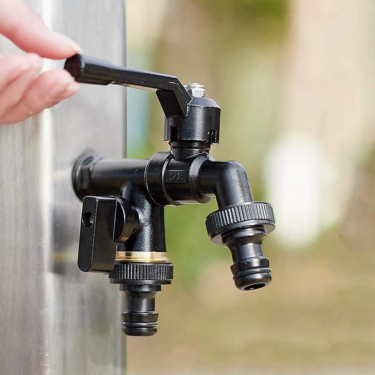 Brass double drain fitting for outdoor use - 3/4 inch - black - frost resistant - rust resistant - irrigation system - garden - ball valve - 2 outlets - Image 2