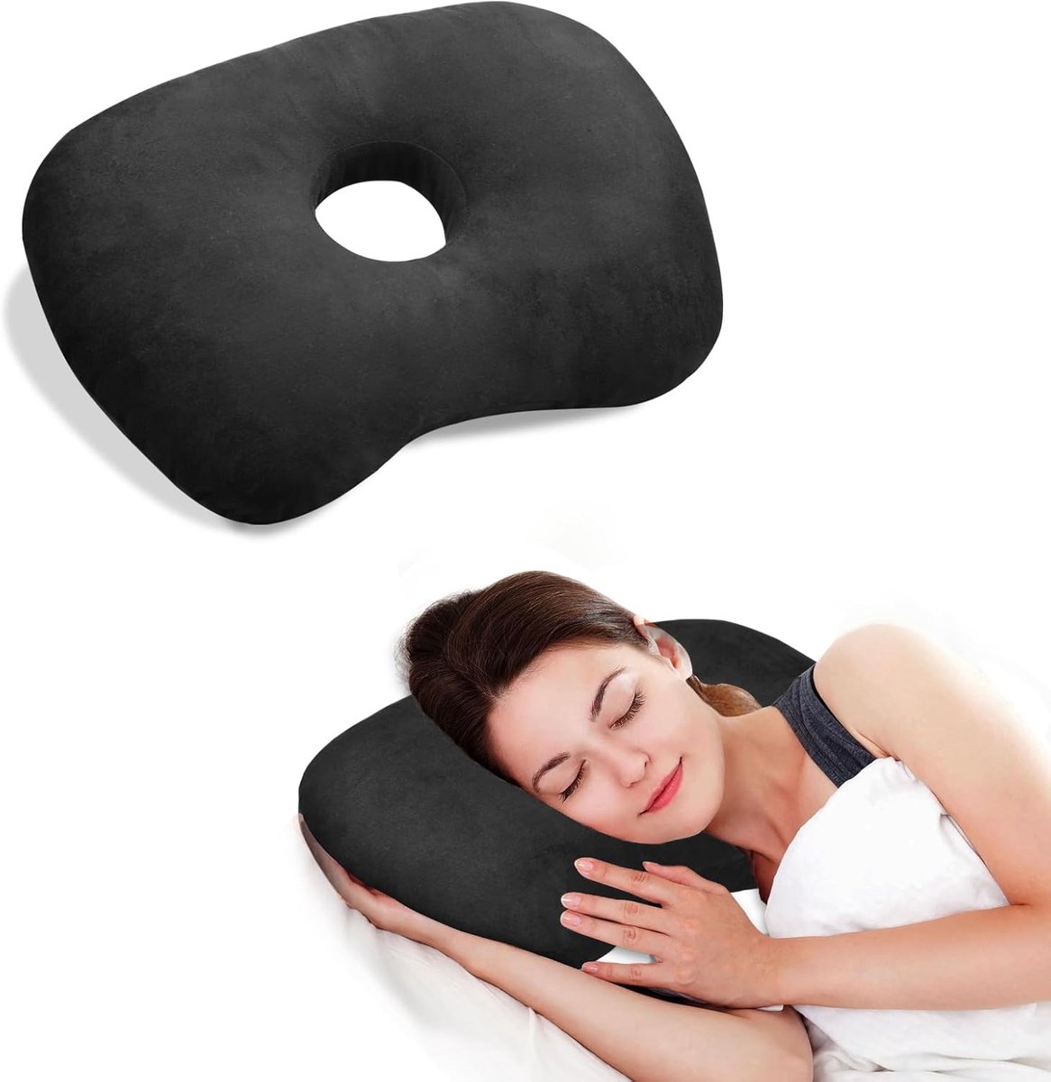 Curved side pillow - Ear holes - Adjustable cotton/polyester - Machine washable - Suitable for pierced ears - Black - Image 1
