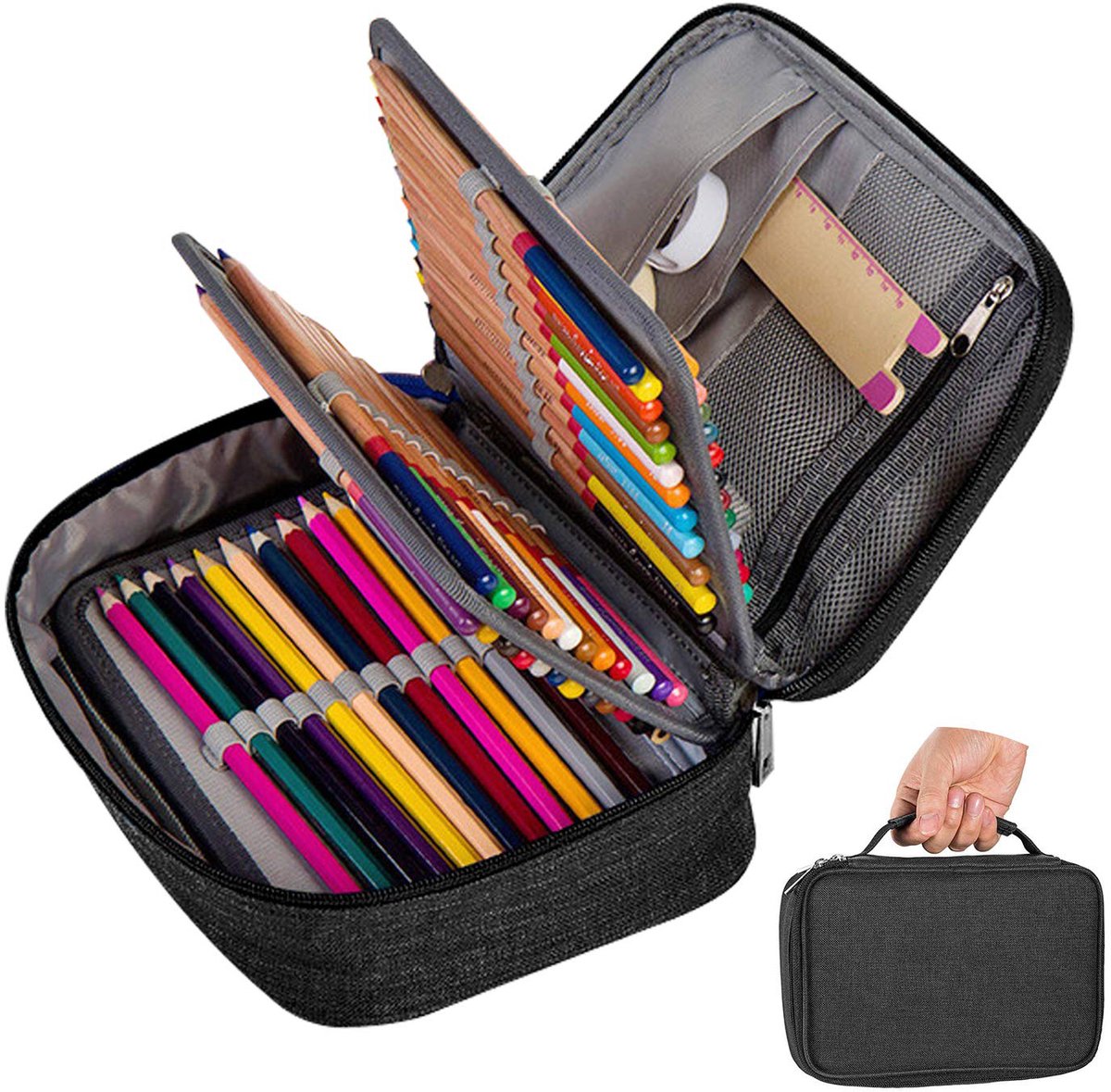 Pencil case - Black - Groot - 23 x 7 x 16 cm - For School, Boys, Girls and Adults - Pencil case - Image 1