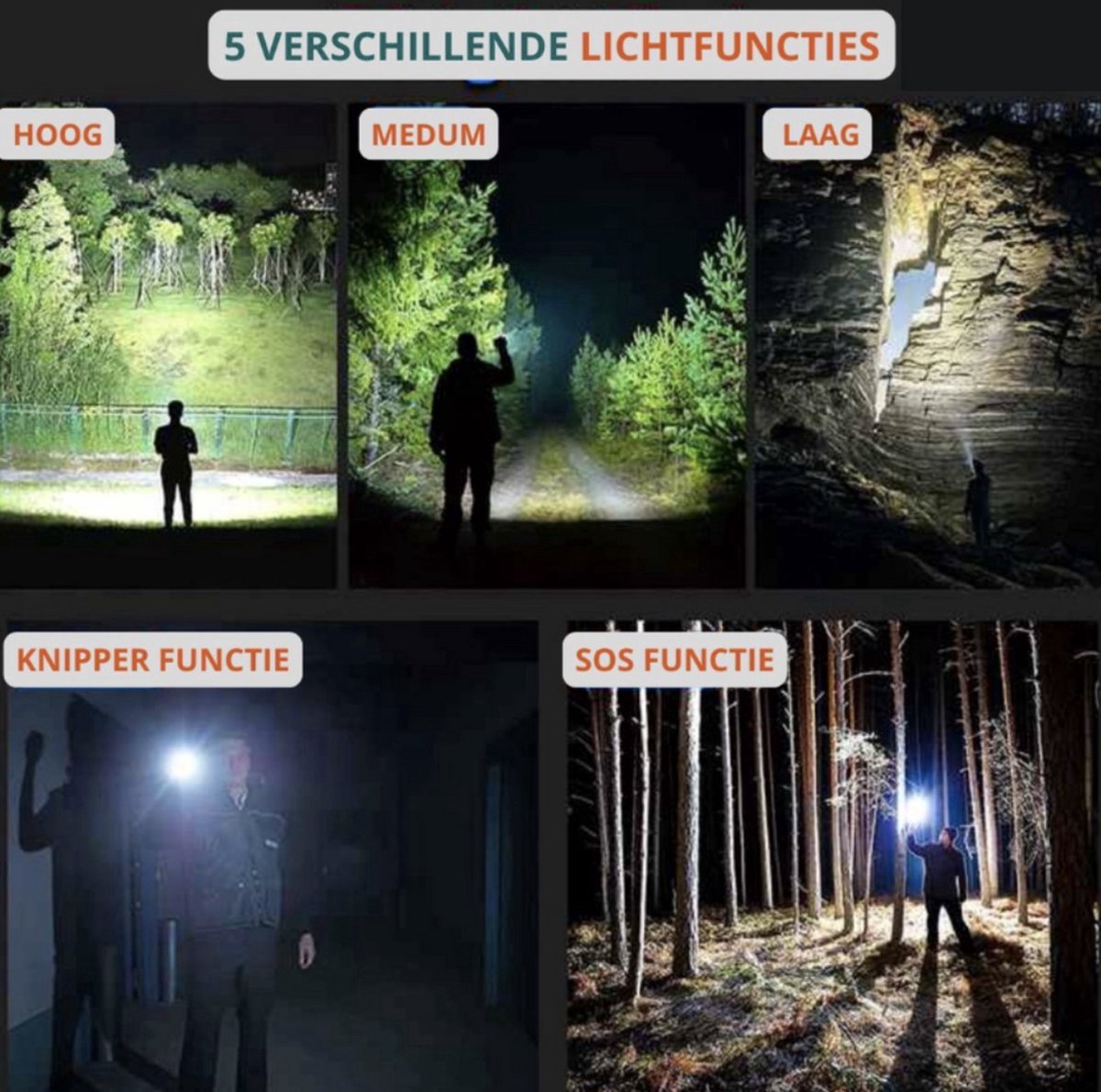 Waterproof and powerful LED flashlight - 10,000 lumens - 5 lighting modes - Rechargeable and zoomable - Long beam - Survival and outdoor use - Batteries included - USB-C rechargeable - Emergency kit - Camping - Image 4