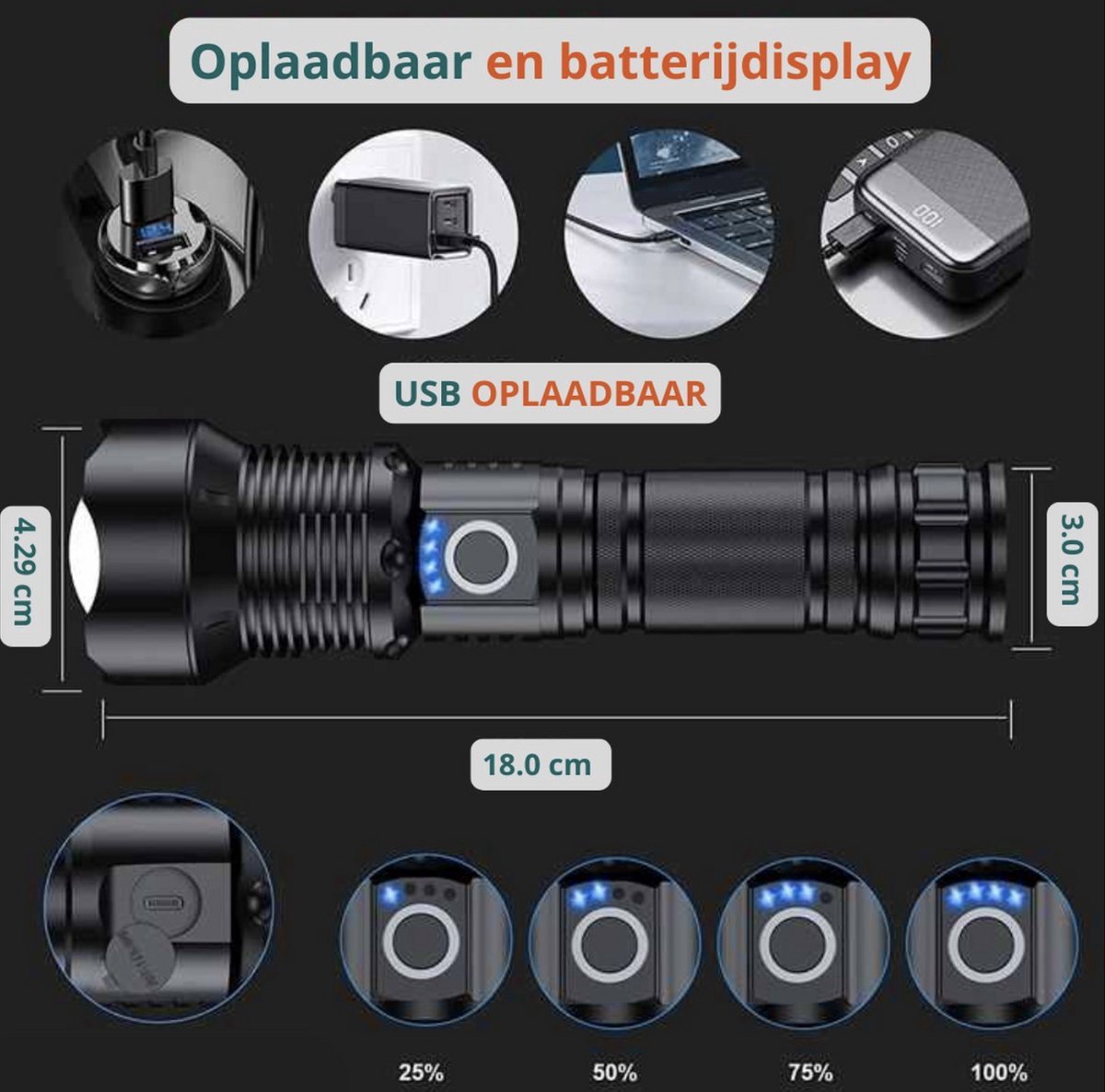 Waterproof and powerful LED flashlight - 10,000 lumens - 5 lighting modes - Rechargeable and zoomable - Long beam - Survival and outdoor use - Batteries included - USB-C rechargeable - Emergency kit - Camping - Image 5
