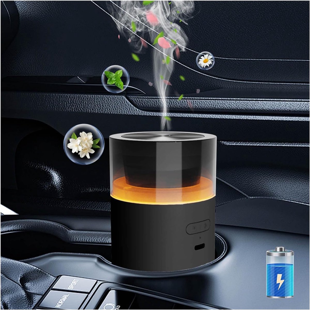 Car essential oil diffuser with automatic on/off function, portable humidifier with memory function, battery operated, with 8-color ambient light for car, home, office and travel (black) - Image 1