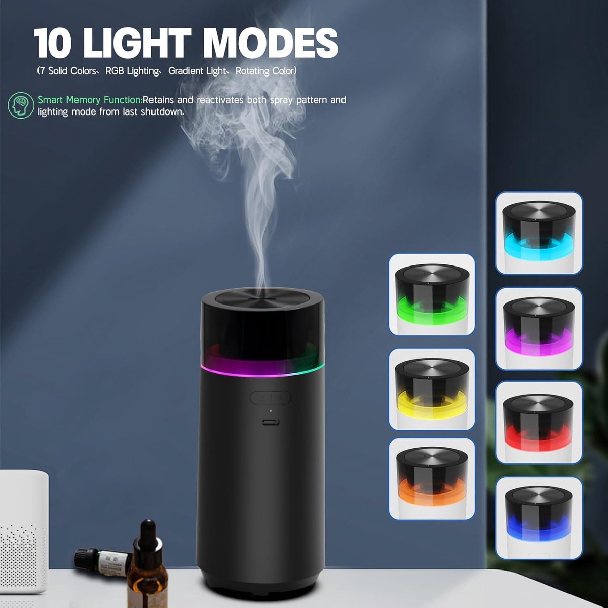 Car essential oil diffuser with automatic on/off function, portable humidifier with memory function, battery operated, with 8-color ambient light for car, home, office and travel (black) - Image 2