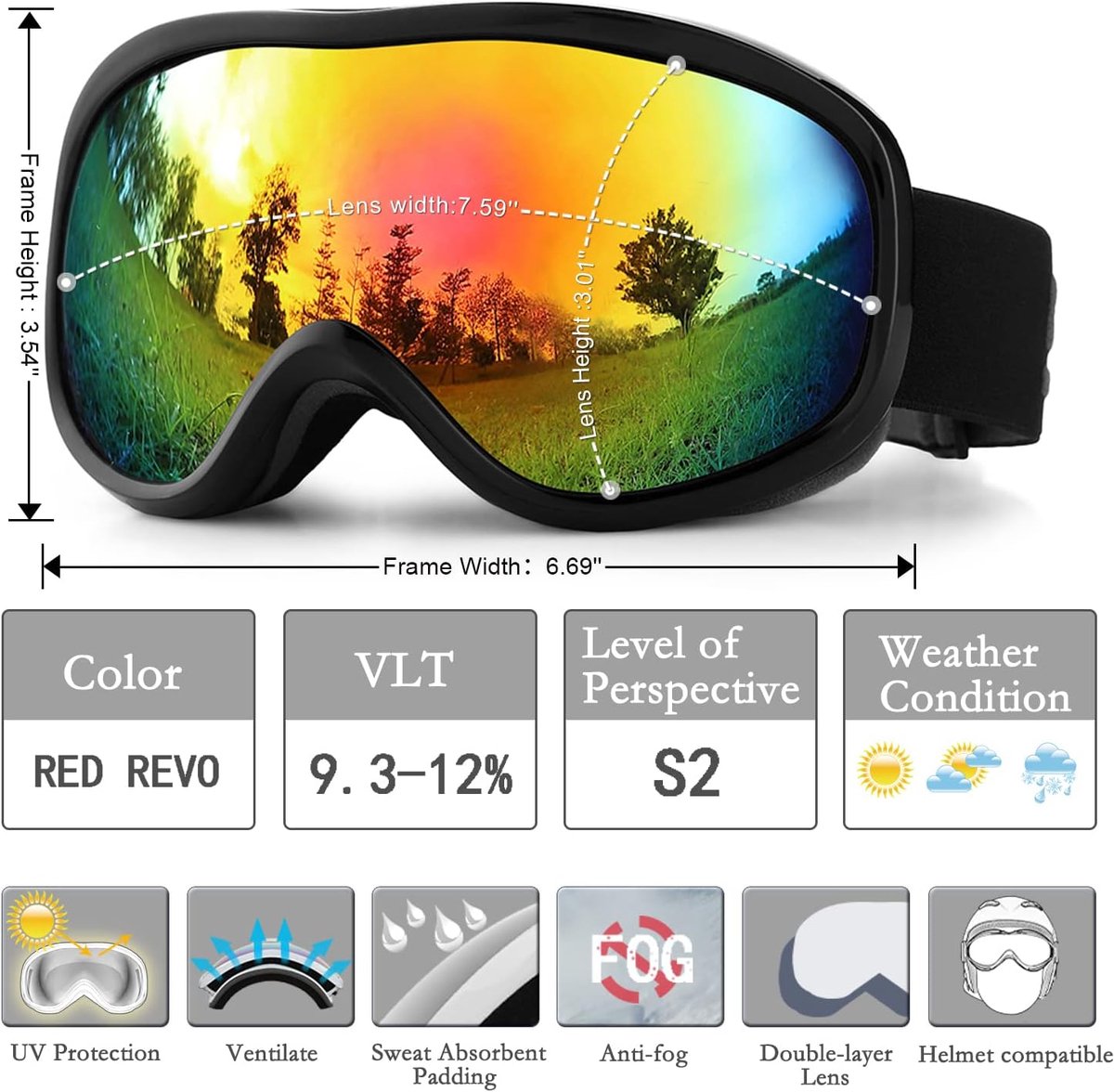 Ski goggles to wear over glasses, with double-layered lenses, anti-fog treatment and UV protection. Suitable for men, women and teenagers who ski and snowmobile. - Image 2