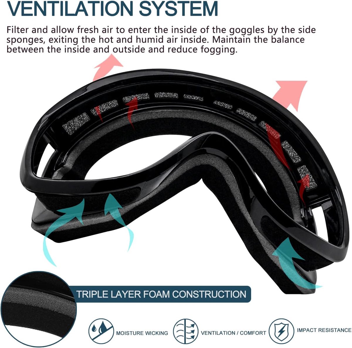 Ski goggles to wear over glasses, with double-layered lenses, anti-fog treatment and UV protection. Suitable for men, women and teenagers who ski and snowmobile. - Image 3