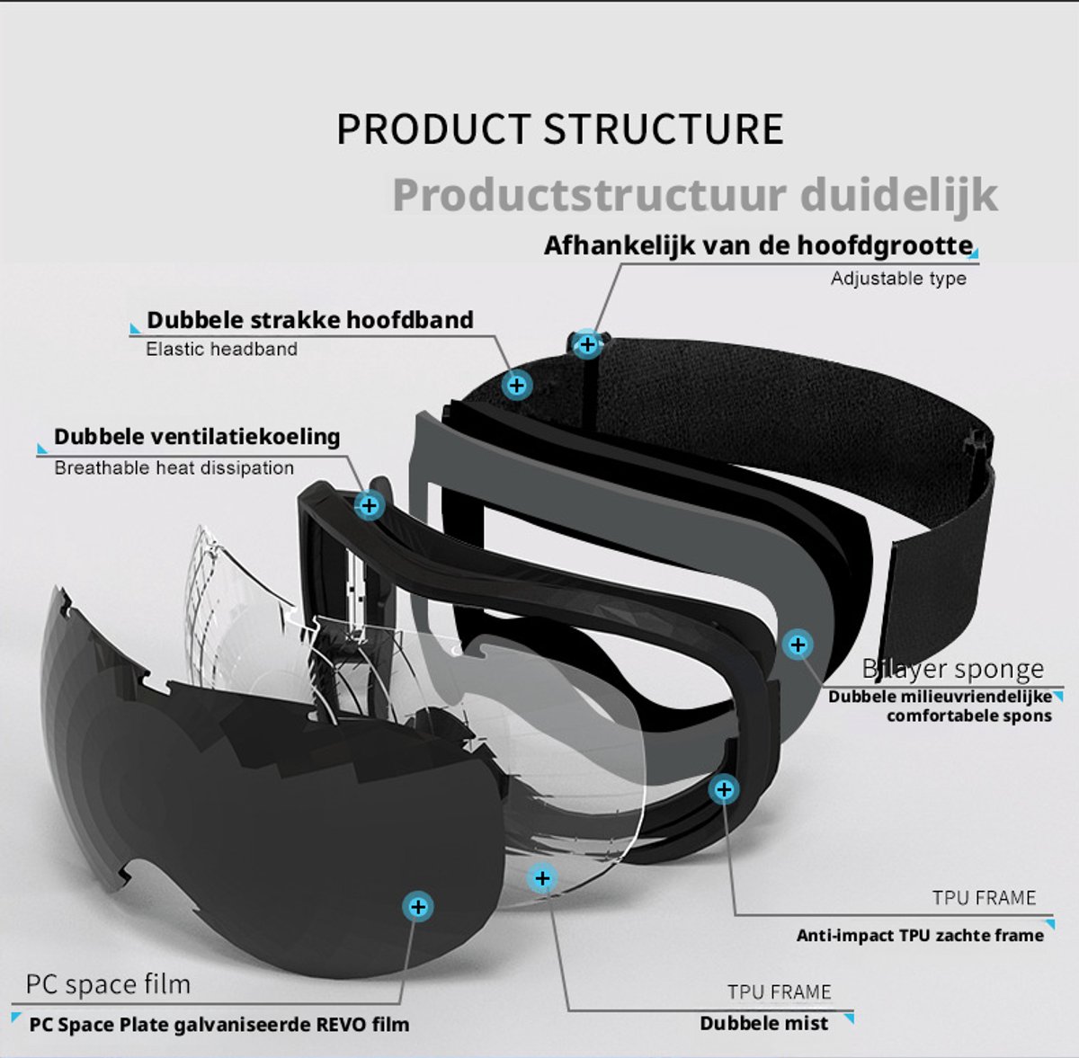 Ski goggles to wear over glasses, with double-layered lenses, anti-fog treatment and UV protection. Suitable for men, women and teenagers who ski and snowmobile. - Image 5