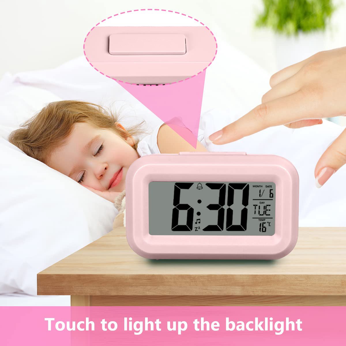 Wekker Digital Alarm Clock - Children's Clock - Wekker - Wekker Children's Alarm Clock - Travel Alarm Clock - LED Display Clock - Adjustable 12/24 Hour Snooze Function, Temperature, Date, Time - Portable Alarm Clock - Pink - Image 2