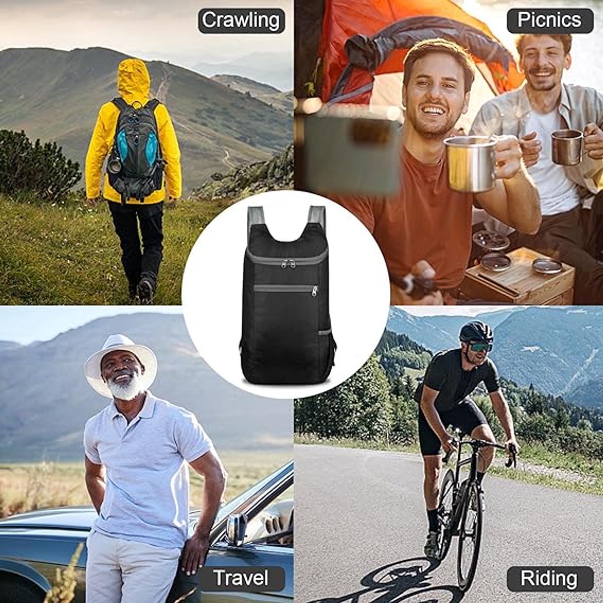 Backpack - Bag - Ultralight foldable backpack - Backpacks - Waterproof canvas, large capacity - Suitable for travel, hiking, camping, cycling, outdoor sports, Unisex, Black, One size - Image 2