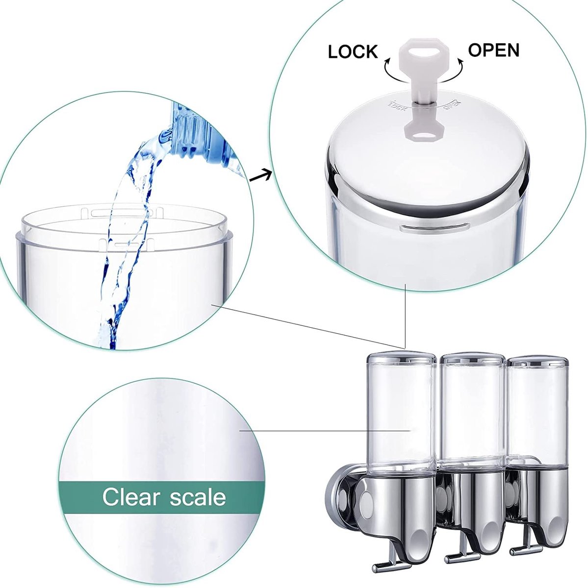Soap dispenser - Wall-mounted soap dispenser - Soap dispenser - 500ml pump - Suspended - Brushed stainless steel - Bathroom - Toilet - Shower - Black - Image 1