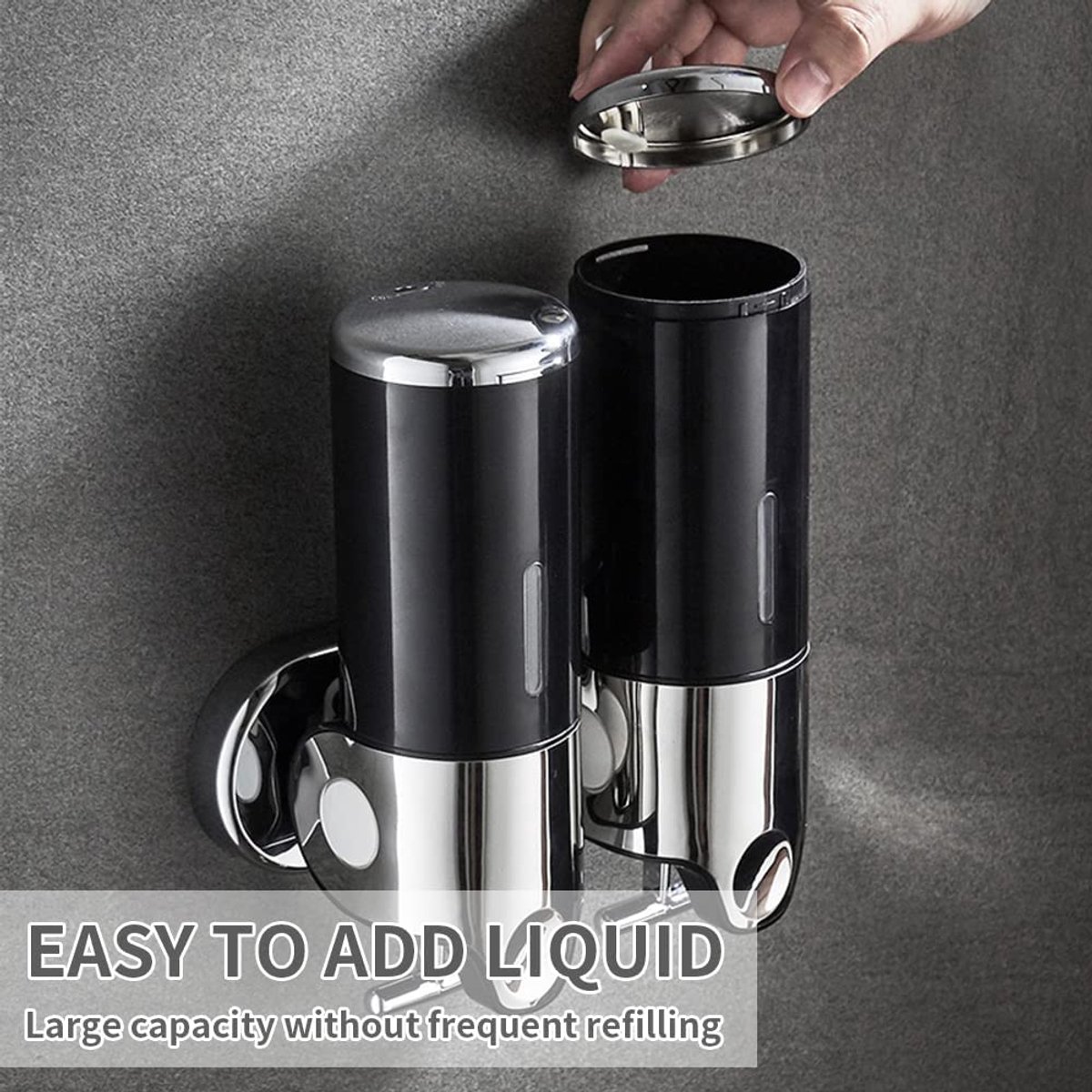 Soap dispenser - Wall-mounted soap dispenser - Soap dispenser - 500ml pump - Suspended - Brushed stainless steel - Bathroom - Toilet - Shower - Black - Image 5