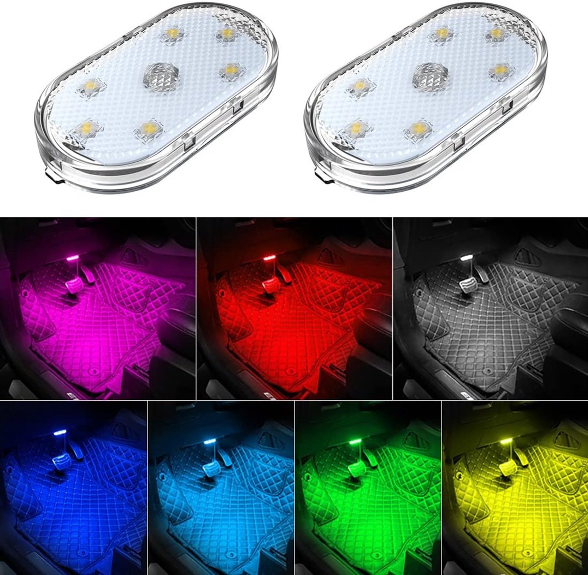 Set of 2 LED car interior lights, 7-color ambient lighting, USB rechargeable reading lights, portable - Image 4