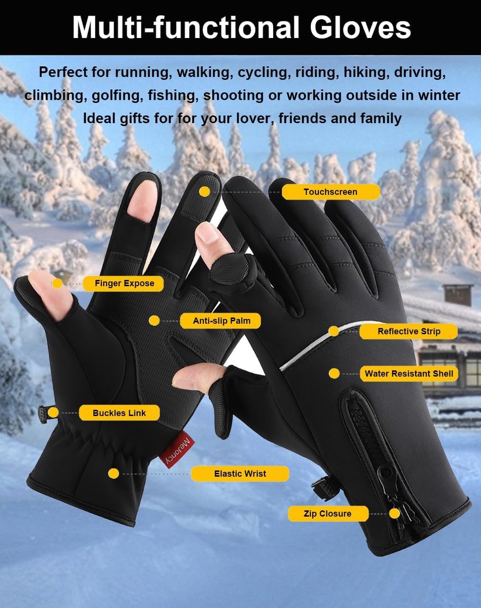 Men's and Women's Winter Gloves - 2-Finger Touchscreen Gloves - Running Gloves - Cycling Gloves - Driving Gloves - Warm Gloves - Winter Fishing Gloves - Black - Image 2
