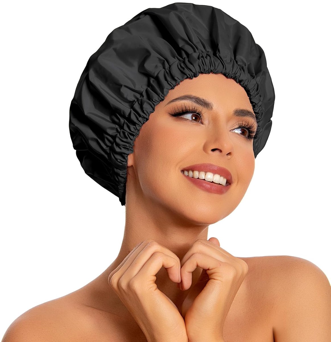 Swimming Cap - Women's Shower Cap - Large Waterproof Shower Cap - Washable Elastic Band - Swimming Cap for Long Hair - Thick Hair - Black - Perfect for the Bathroom, Travel and Outdoors - Image 1