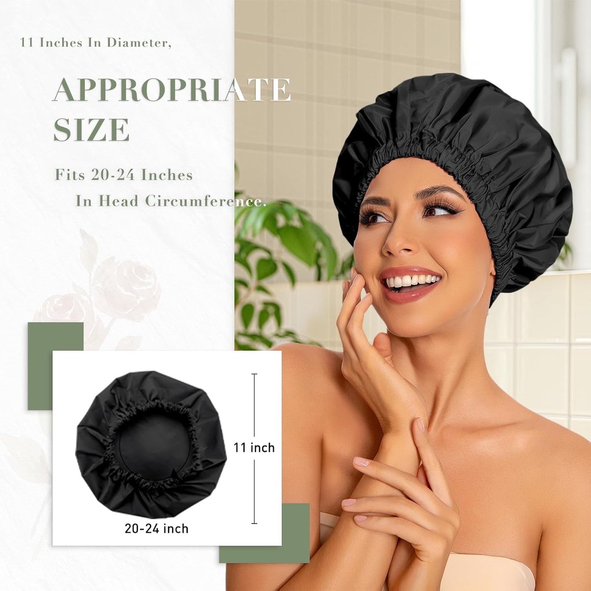 Swimming Cap - Women's Shower Cap - Large Waterproof Shower Cap - Washable Elastic Band - Swimming Cap for Long Hair - Thick Hair - Black - Perfect for the Bathroom, Travel and Outdoors - Image 2
