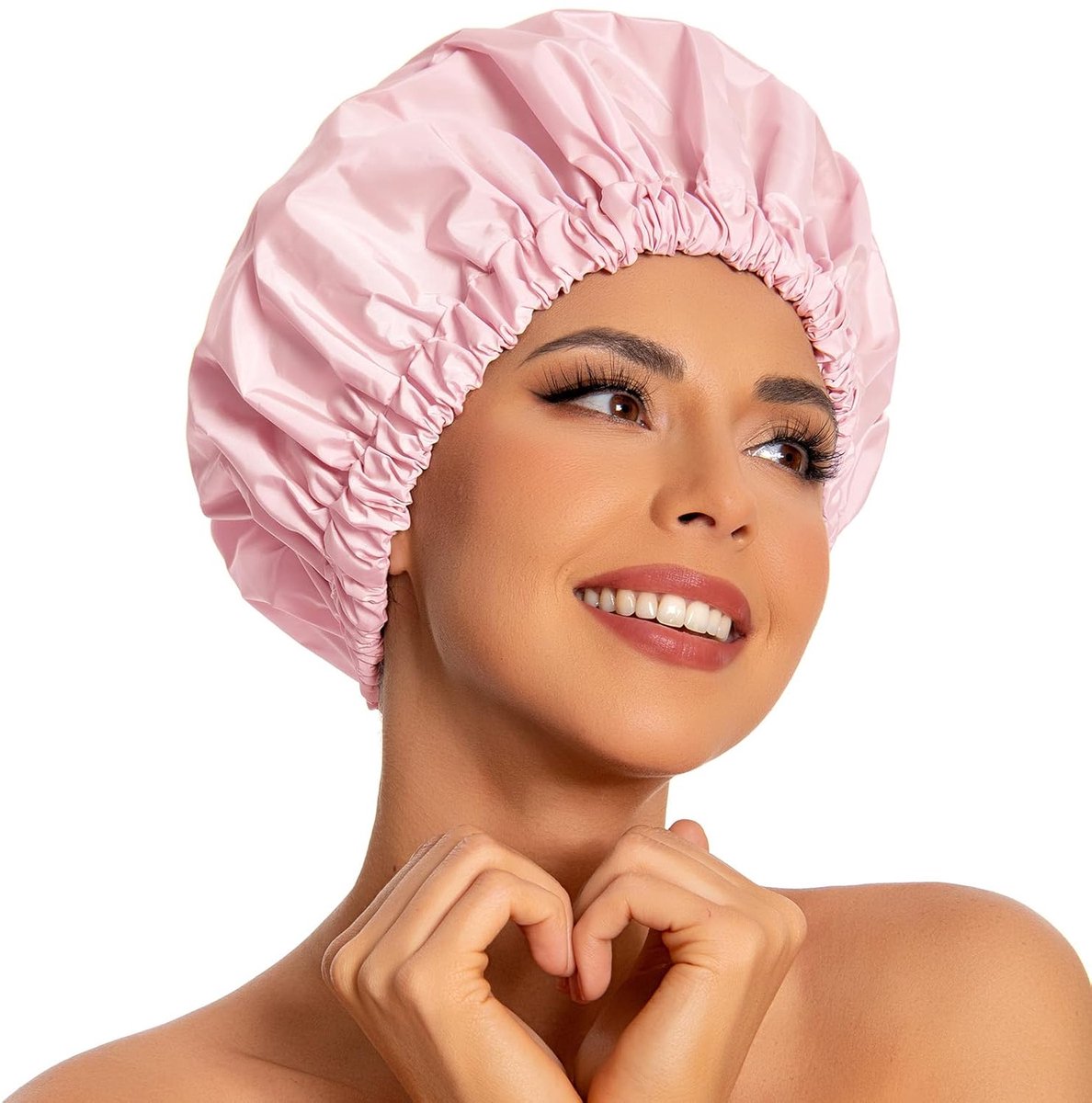 Swimming Cap - Women's Shower Cap - Large Waterproof Shower Cap - Washable Elastic Band - Swimming Cap for Long Hair - Droog Hair - Pink - Perfect for the Bathroom, Travel and Outdoors - Image 1