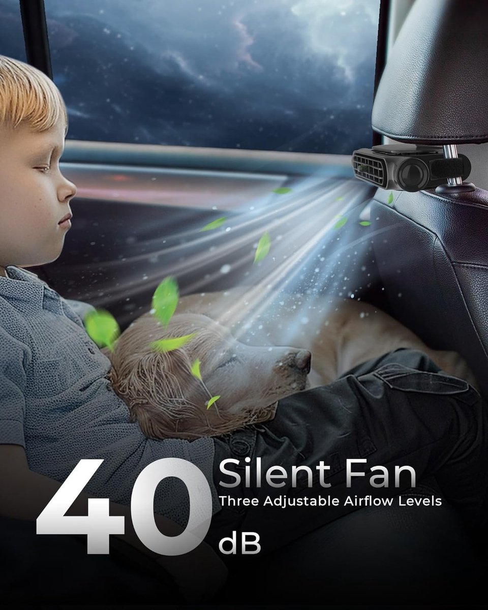 Car Fan - Car Fan Cooling - Car Air Conditioner - Car Fan with Adjustable Air Outlet - Fan - Silent Neck Fan for Headrest for All Cars - 3000 mAh - Black - Image 2