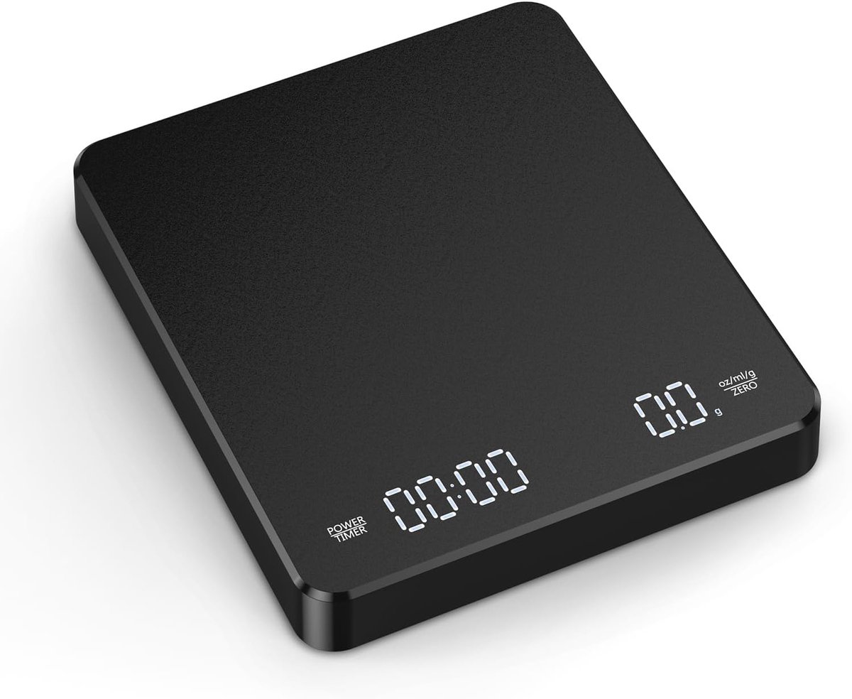 Coffee Scale - Digital Coffee Scale with Timer - Rechargeable for Filter Coffee, 3 kg / 0 g Digital Espresso Scale - with Peeling Function - 3 Units, LED Display - Black - Image 1