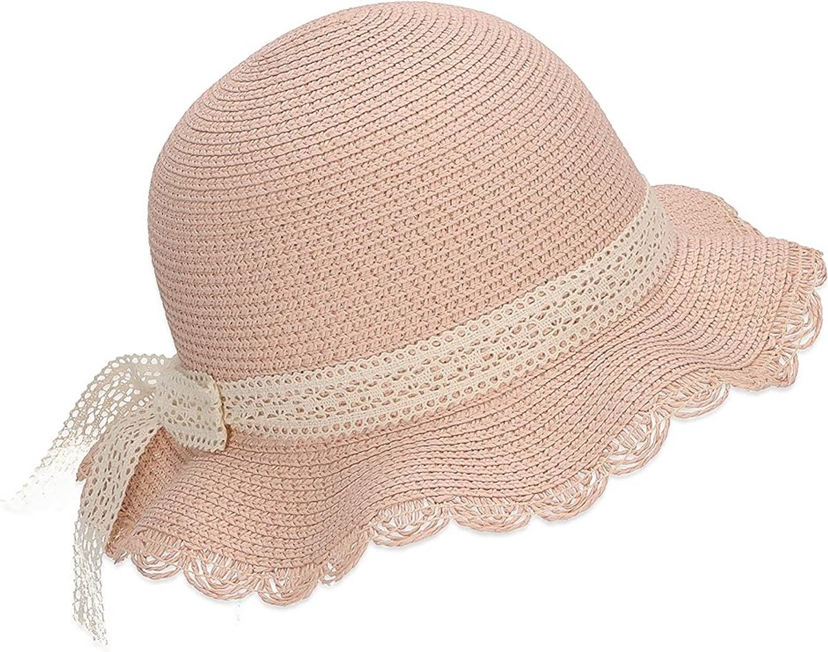 Lace straw hat - trendy hat with scalloped brim and kanten ribbon - sun hat for girls - UV 50+ protection hat - headwear for babies and children - beach hat - Image 1
