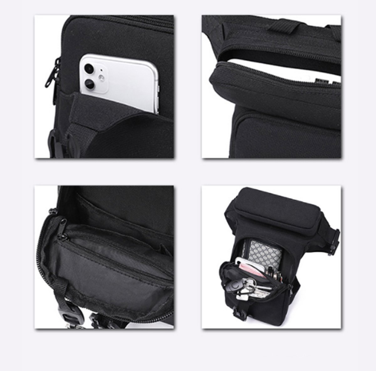 Fanny pack - Leg bag - Motorcycle fanny pack - Motorcycle bag - Tactical leg bag - Tool bag - Unisex - Black - Large capacity - 16 x 5 x 29 cm - 4 compartments - Polyester - Image 4