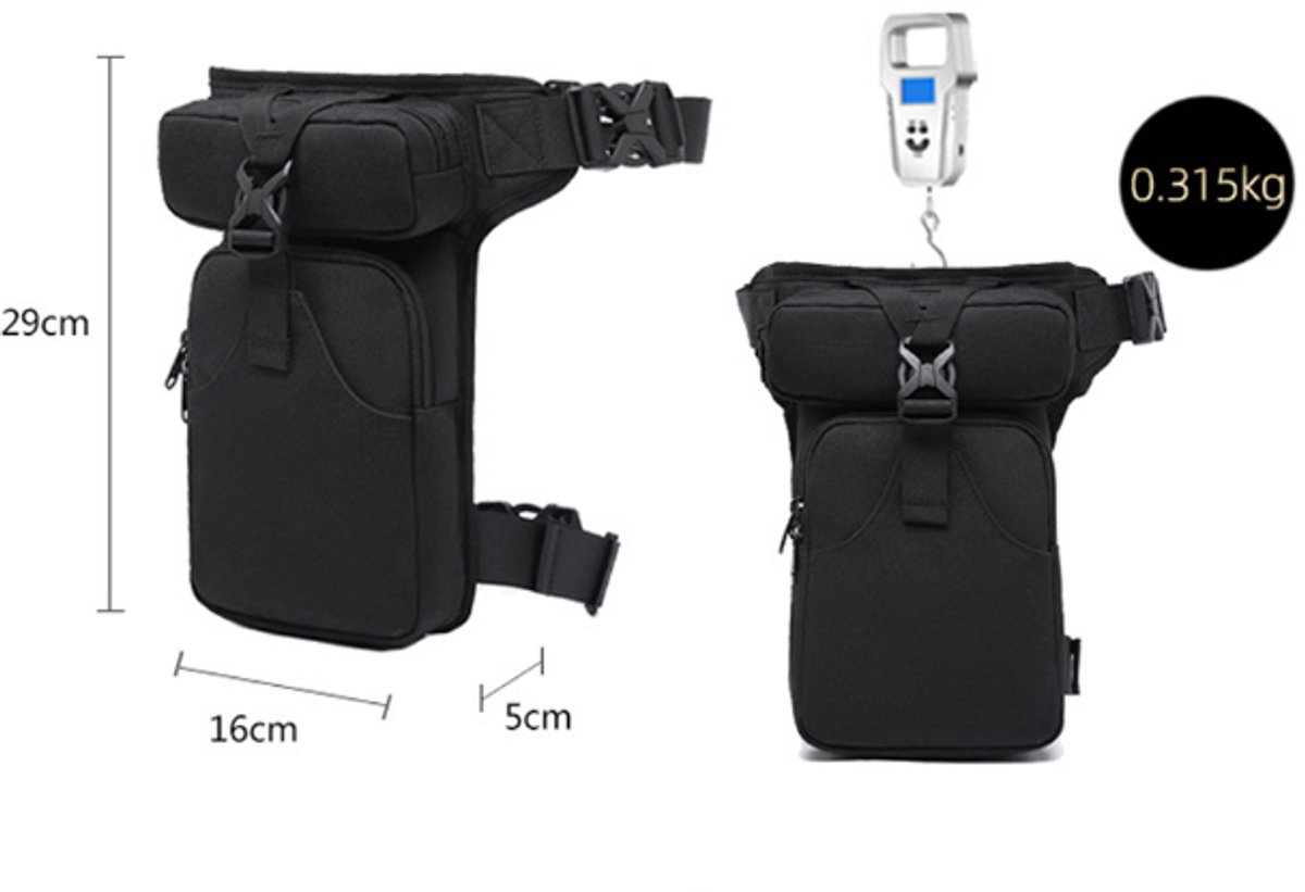 Fanny pack - Leg bag - Motorcycle fanny pack - Motorcycle bag - Tactical leg bag - Tool bag - Unisex - Black - Large capacity - 16 x 5 x 29 cm - 4 compartments - Polyester - Image 6