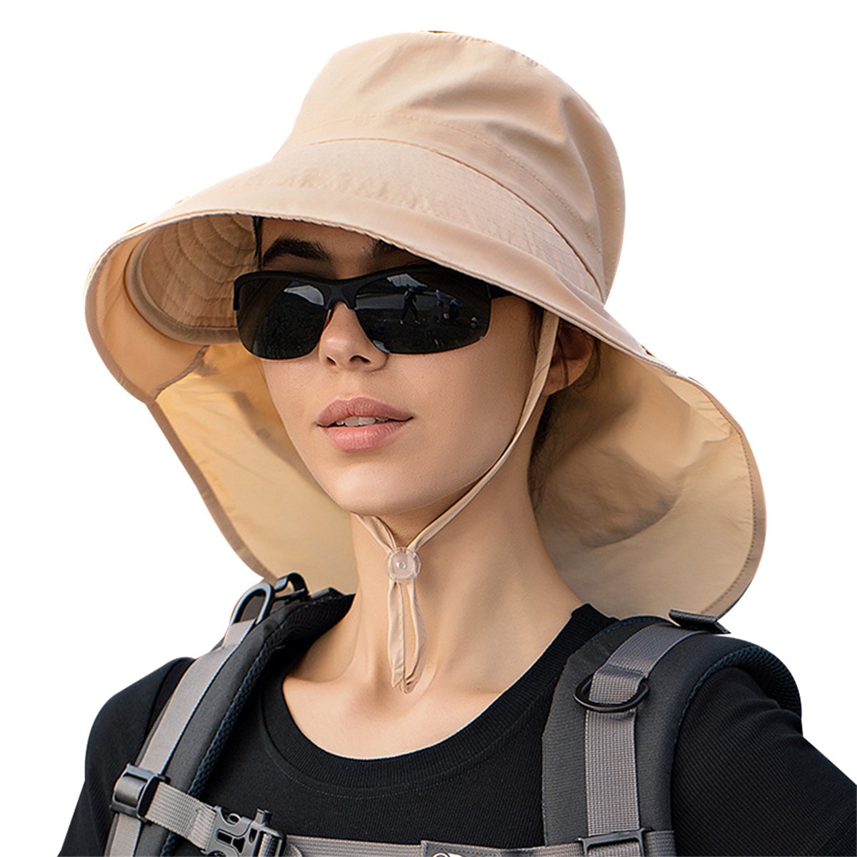 Women's and Men's Sun Hat - Foldable Garden Hat - Wide Brim with Neck Flap - With Chin Strap - For Outdoor Activities and Gardening - Cream Color - 1 Piece - Image 1