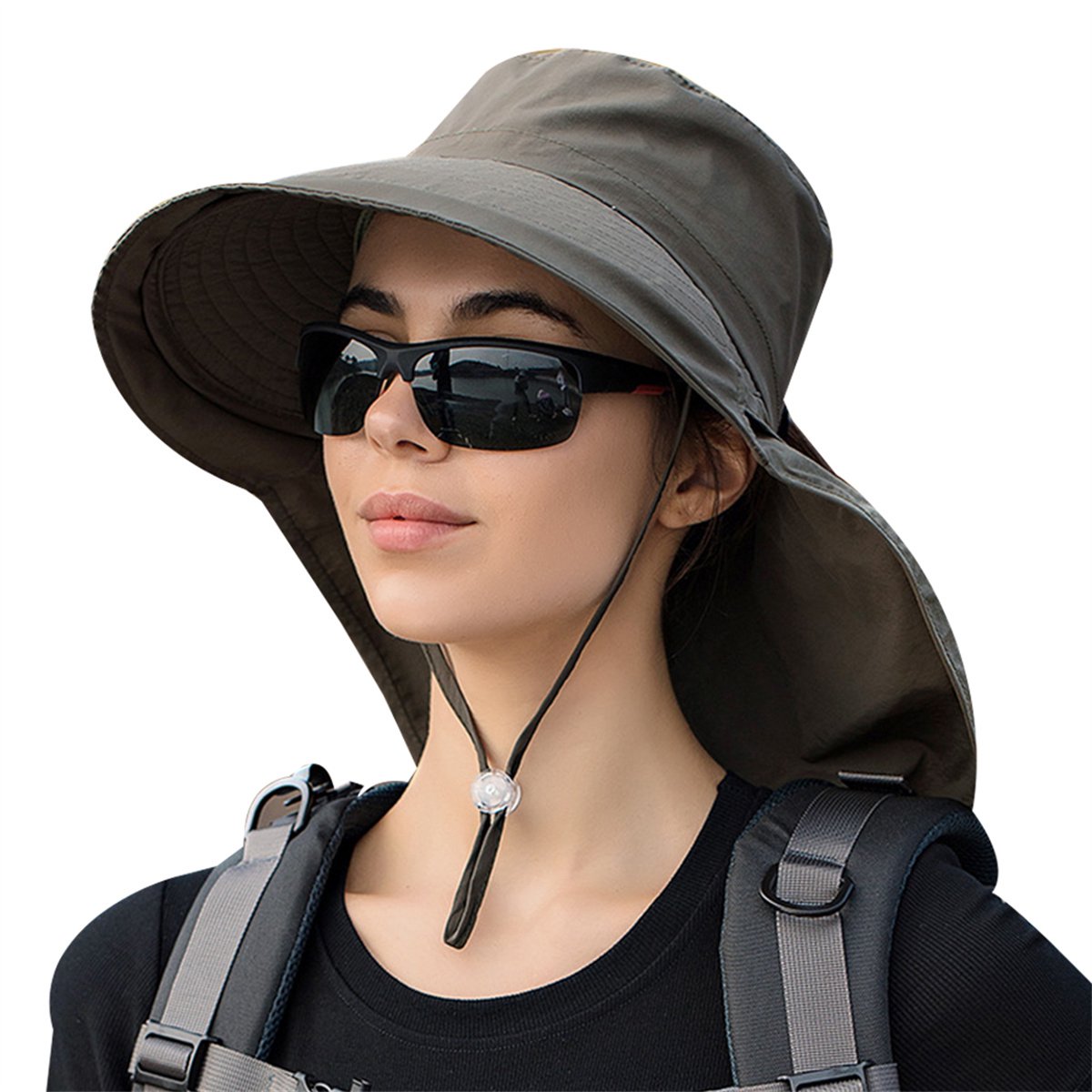 Women's and Men's Sun Hat - Foldable Garden Hat - Wide Brim with Neck Flap - With Chin Strap - For Outdoor Activities and Gardening - Army Green - 1 Piece - Image 1