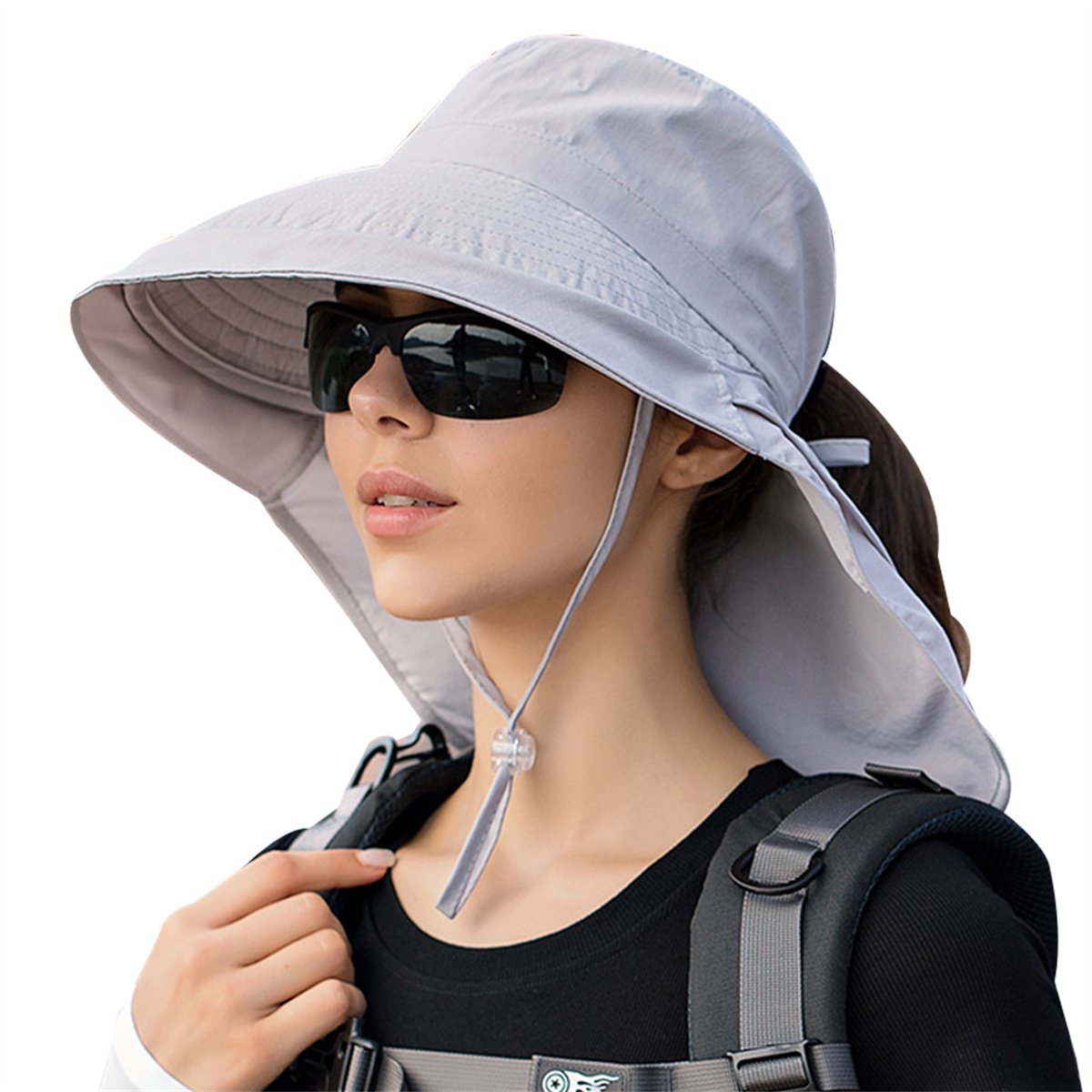Women's and Men's Sun Hat - Foldable Garden Hat - Wide Brim with Neck Flap - With Chin Strap - For Outdoor Activities and Gardening - Light Grey - 1 Piece - Image 1