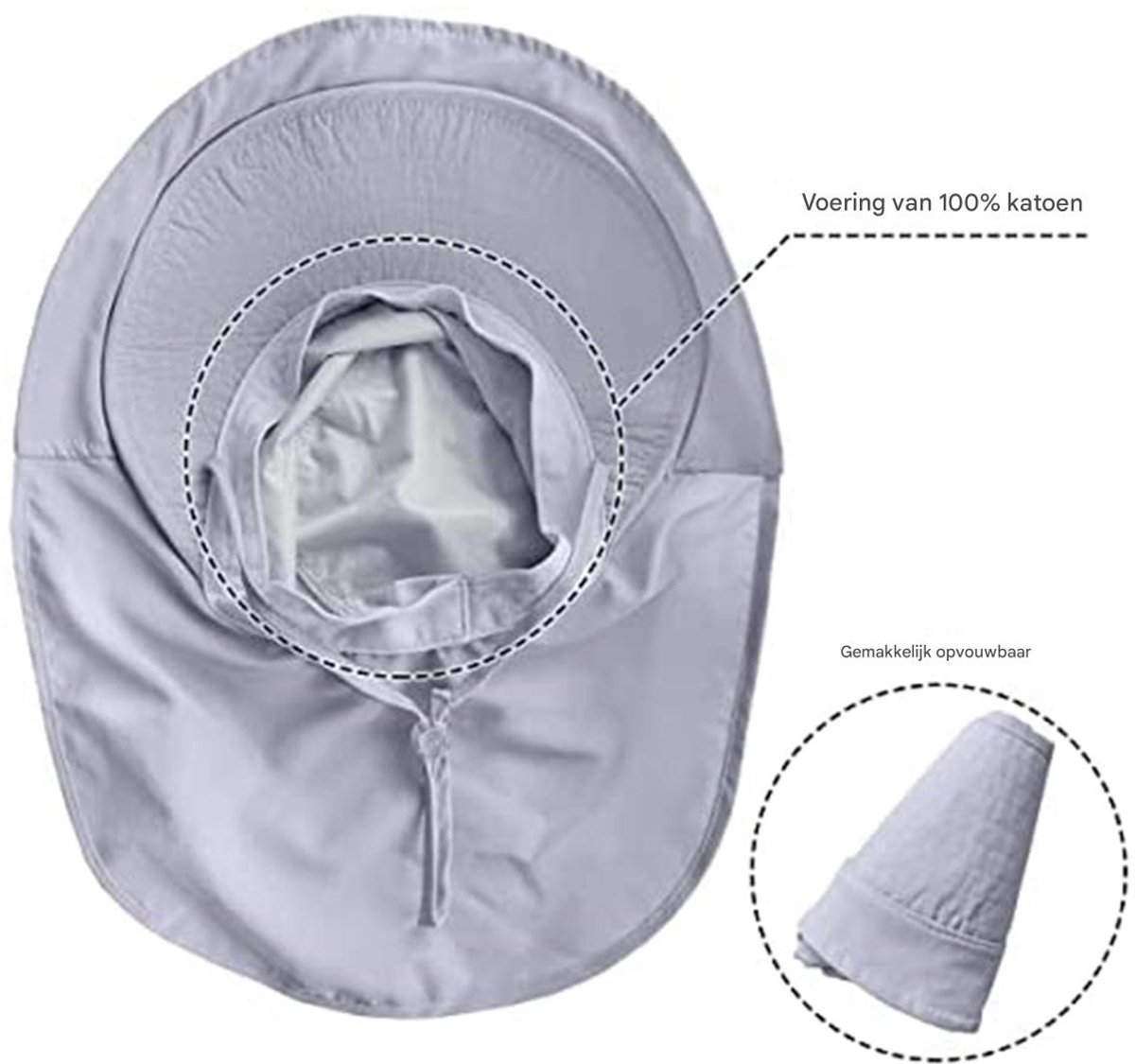 Women's and Men's Sun Hat - Foldable Garden Hat - Wide Brim with Neck Flap - With Chin Strap - For Outdoor Activities and Gardening - Light Grey - 1 Piece - Image 2