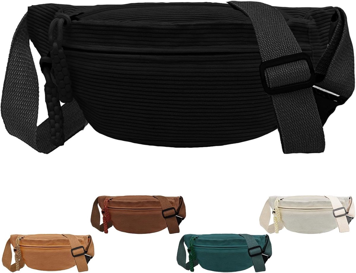 Fanny pack - Women's fanny pack - Men's fanny packs - Corduroy fanny pack - Women's corduroy fanny pack - Adjustable shoulder bag - Unisex - Perfect for shopping, travel and work (black) - Image 1