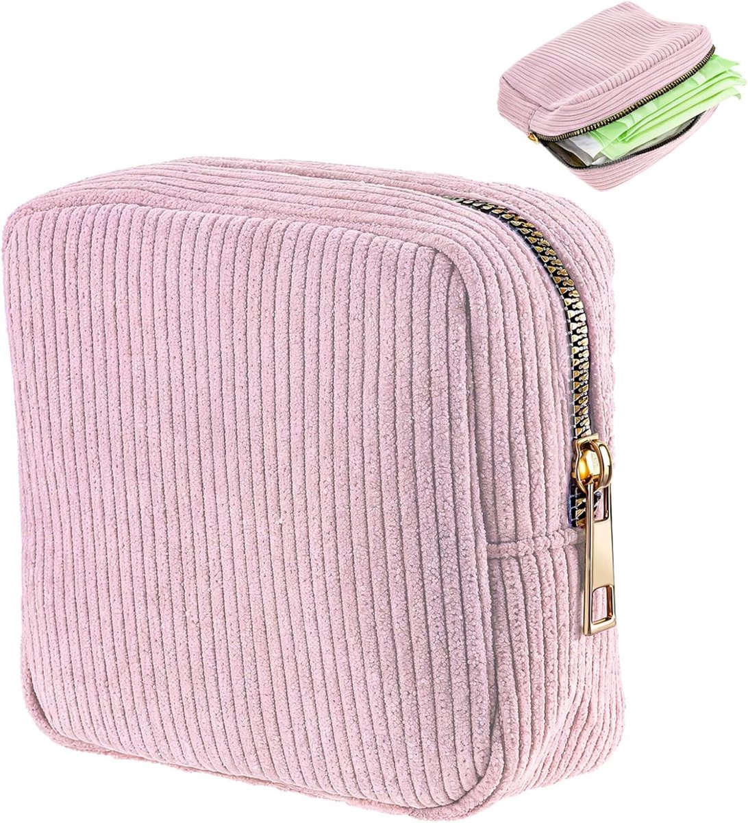 Toiletry bag - Women's toiletry bag - Toiletry bag - Tampon storage bag - Corduroy - Small makeup bag - Mini toiletry bag - Soft storage bag - Portable makeup bag (Pink) - Image 1