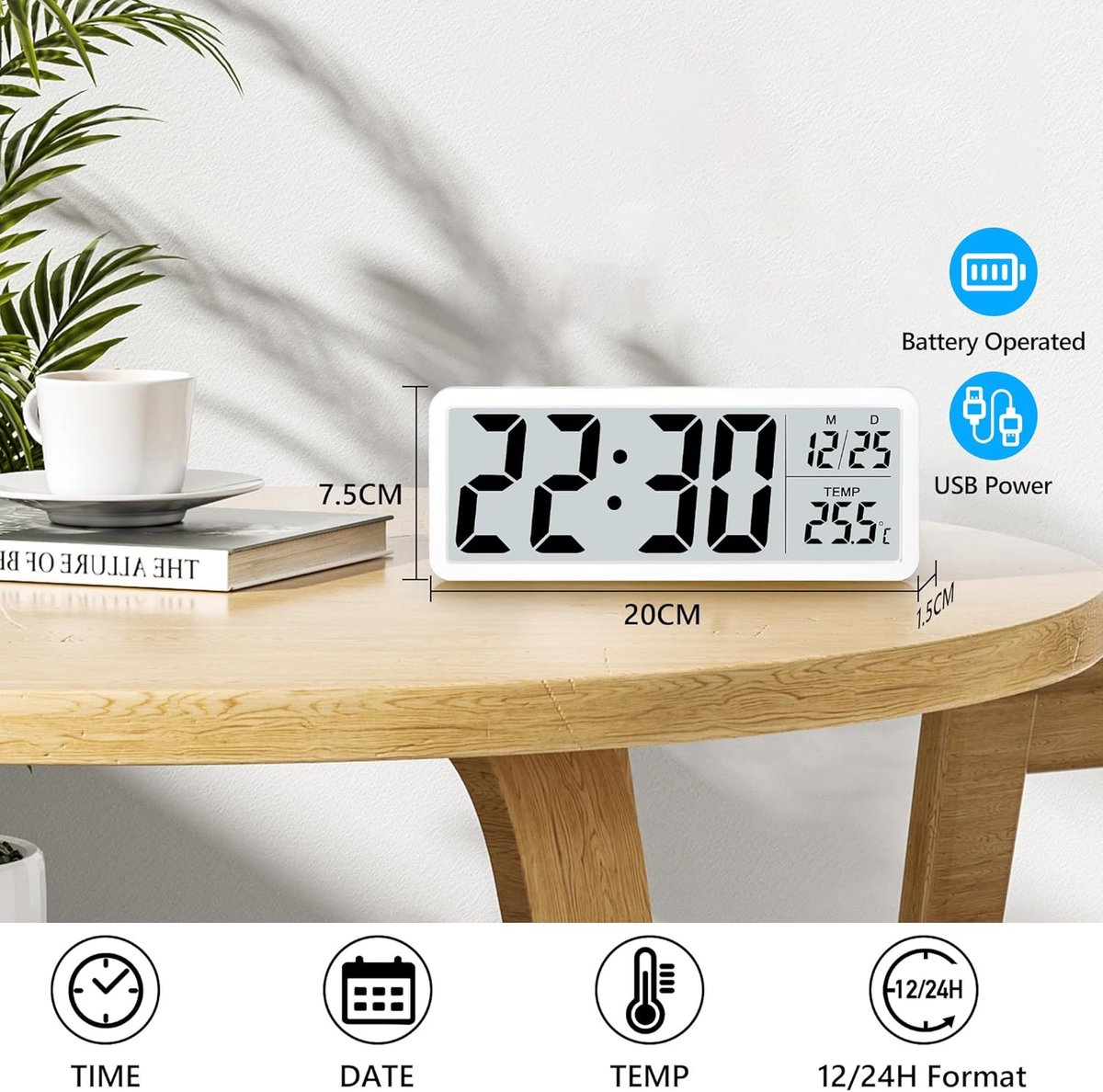 Battery-operated digital wall clock with large numbers, temperature display, 12/24 hour format for office, living room, bedroom, school - Image 5