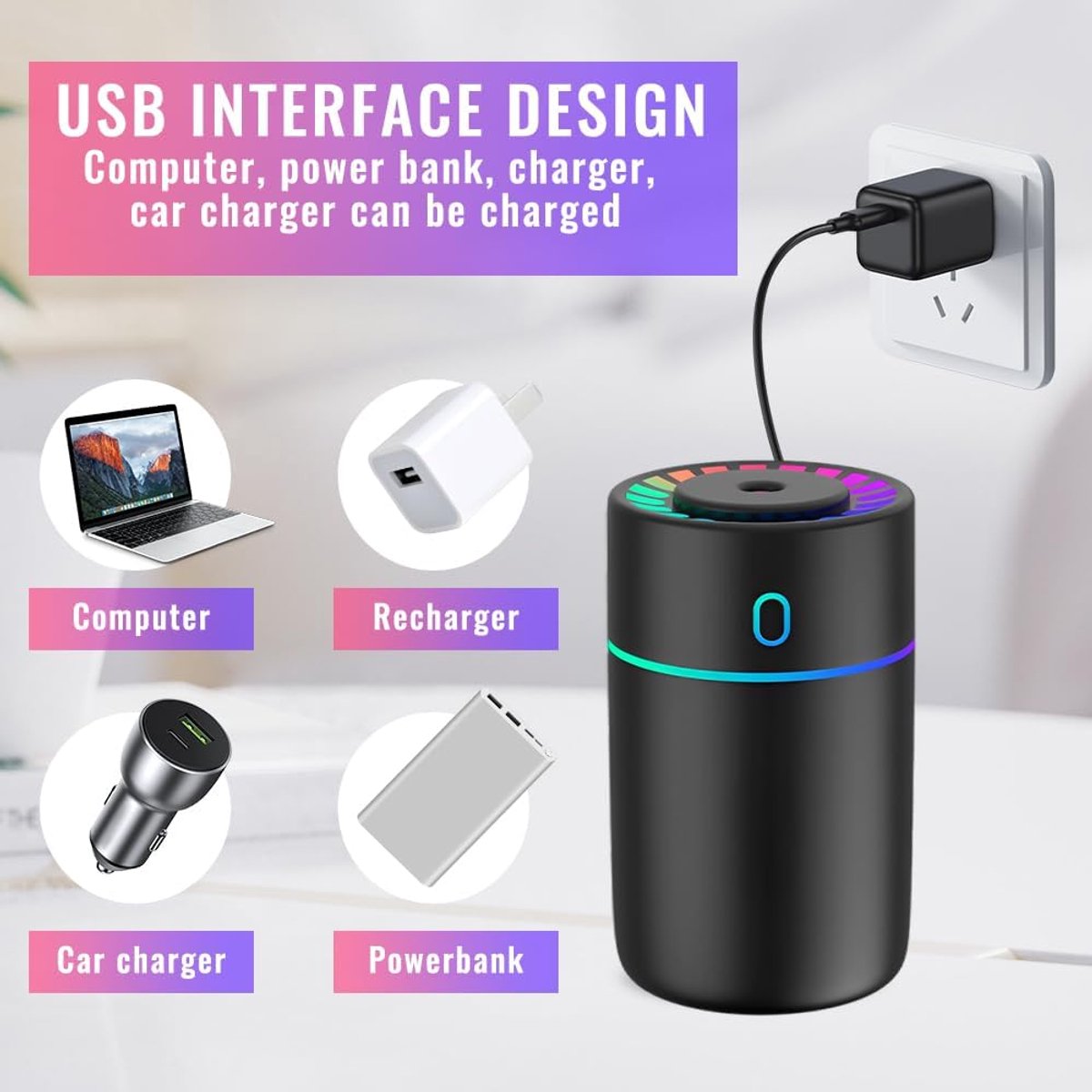 Car air freshener with colored lights and USB connection - 2 settings, automatic shut-off - for car, office, bedroom - Image 2