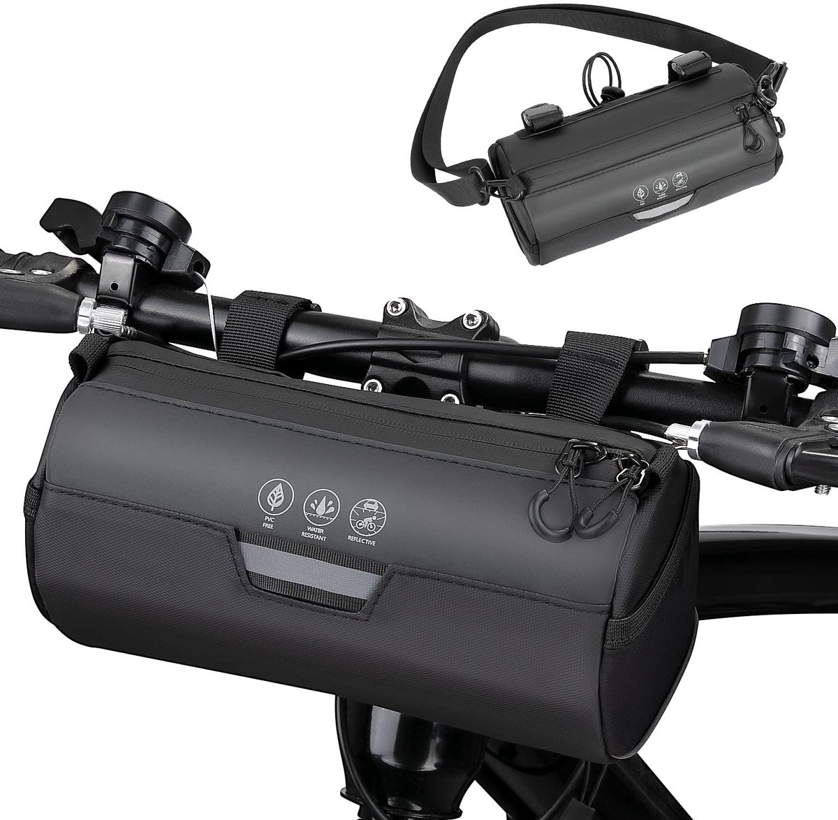Bicycle handlebar bag - Reflective and waterproof storage bag - Storage bag - Bicycle accessories - Removable shoulder strap, road bike bag with zipper - 23x11x11cm - Black - Image 1