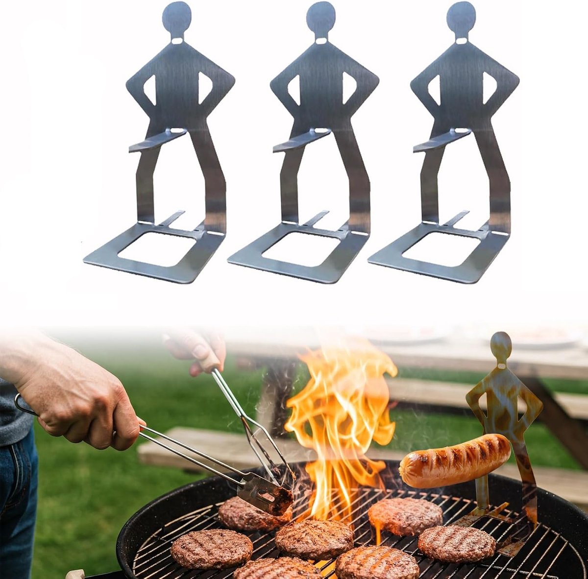 BBQ Stainless Steel Sausage Holder, 3 Pieces, Portable Standing Man Stand, Fun Fork for Camping, Picnic, Garden, Kitchen, BBQ, Gifts for Men - Image 1