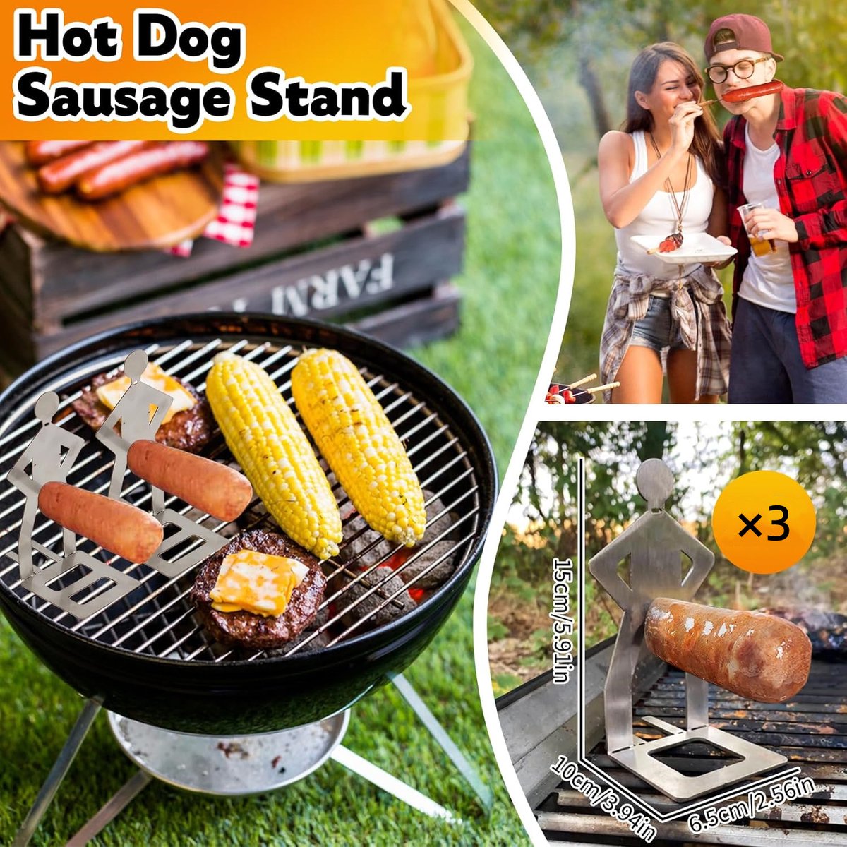 BBQ Stainless Steel Sausage Holder, 3 Pieces, Portable Standing Man Stand, Fun Fork for Camping, Picnic, Garden, Kitchen, BBQ, Gifts for Men - Image 2