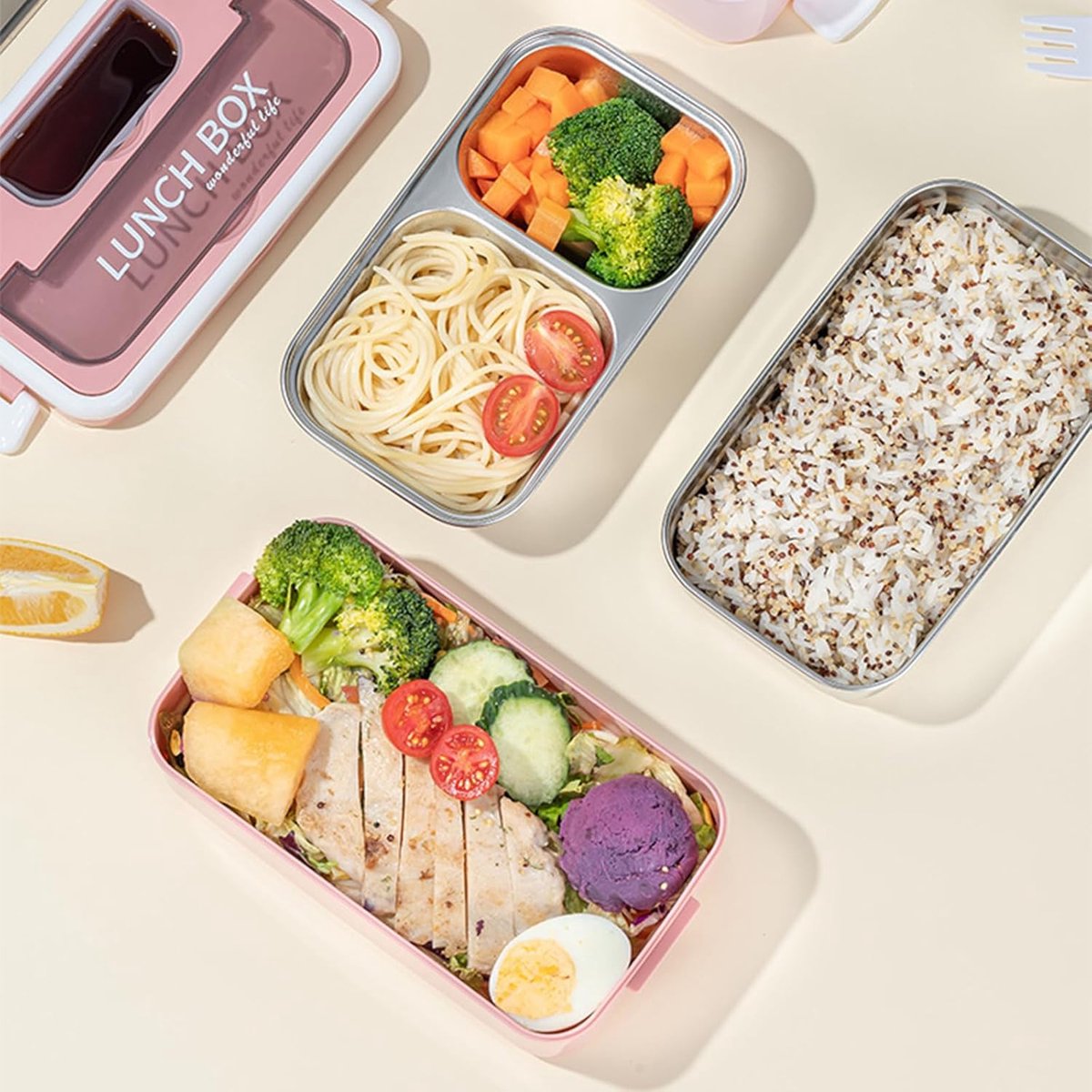 Lunch boxes - lunch box for adults - lunch box for children - lunch box with compartments - stackable lunch box - leakproof lunch container - 1600ML - with 2 layers - for children, adults, students (pink) - Image 2