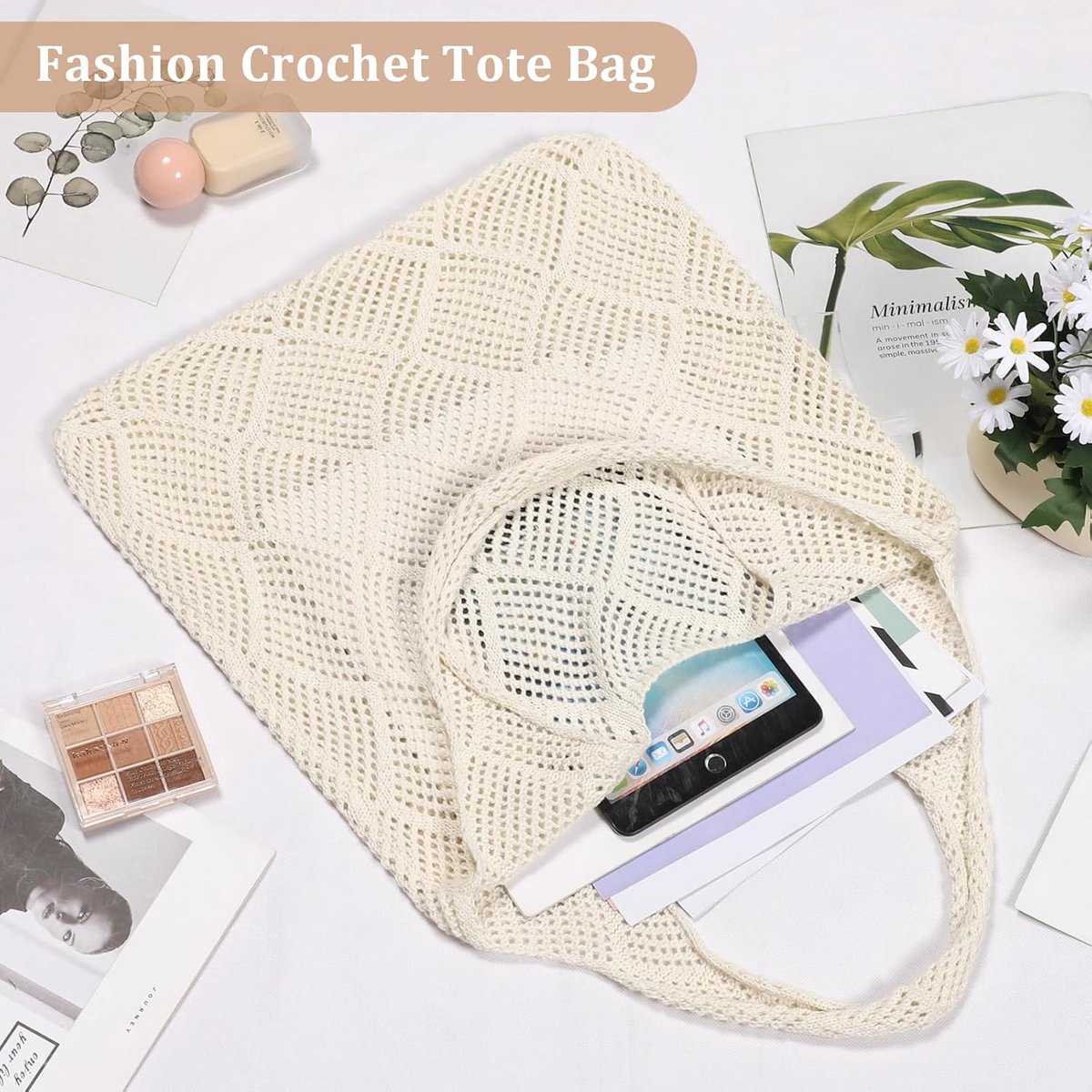 Crochet tote bag - Women's knitted beach bag - Knit - Summer hobo bag - Vacation - Boho - Tote bag (beige) - Image 4