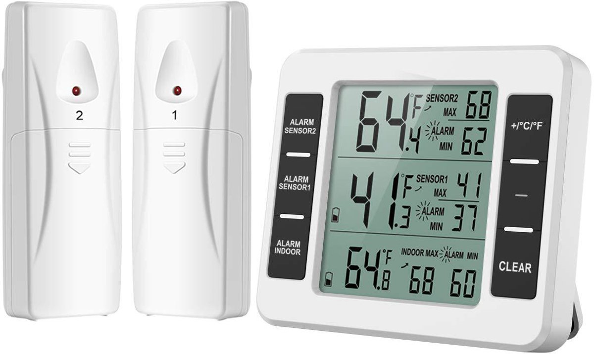 Thermometer - thermometers - indoor thermometer - freezer thermometer - freezer thermometer - digital hygrometer - with 2 sensors - for freezer with temperature alarm, MIN/MAX, temperature trend arrow display - Image 1