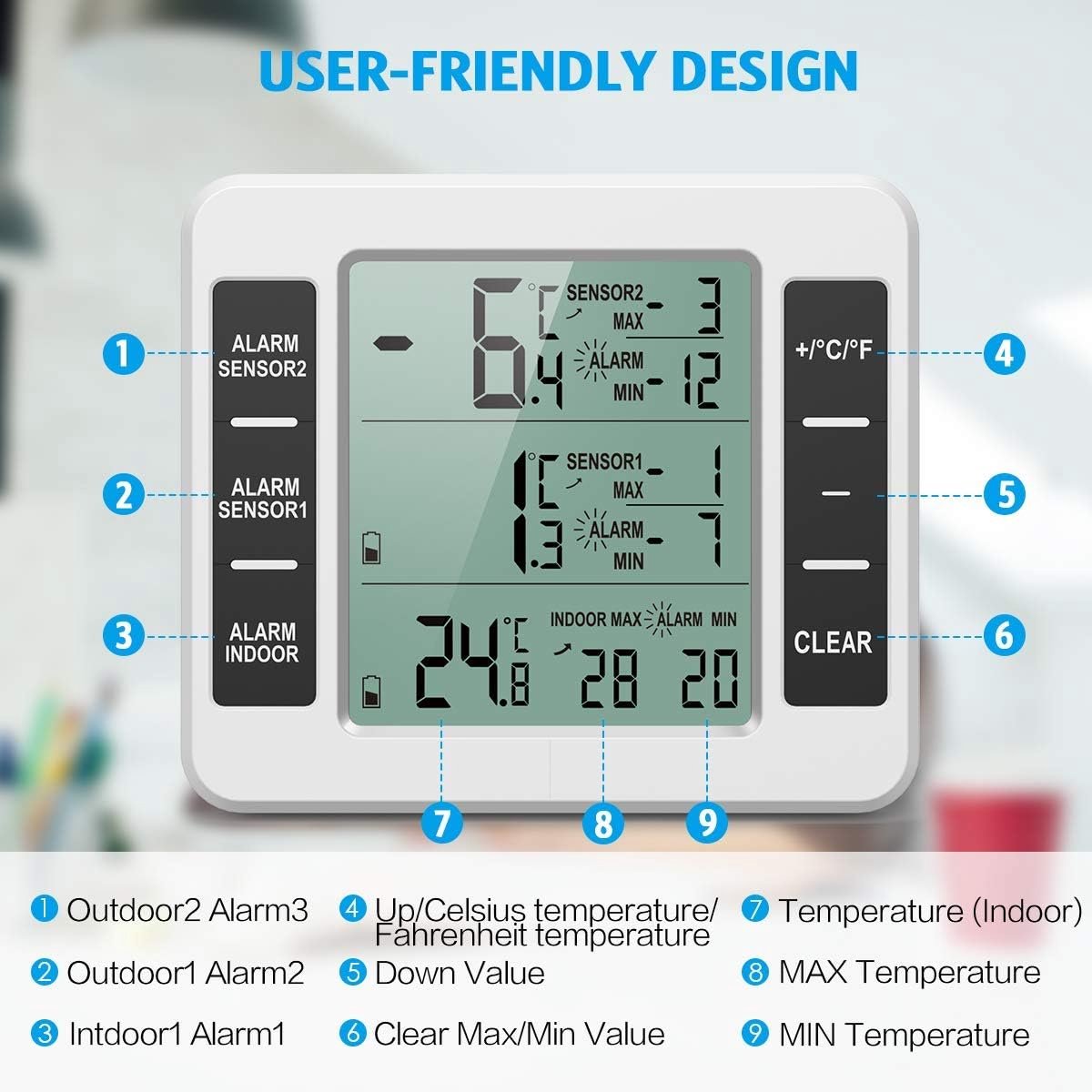 Thermometer - thermometers - indoor thermometer - freezer thermometer - freezer thermometer - digital hygrometer - with 2 sensors - for freezer with temperature alarm, MIN/MAX, temperature trend arrow display - Image 2