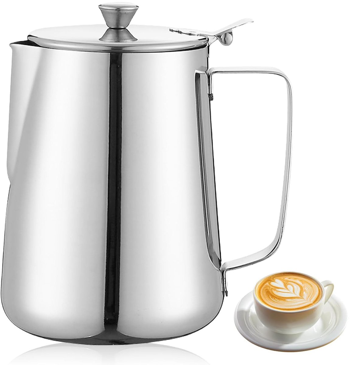 Milk Jug - Barista Latte Artisan Accessories with Lid - 600ml Milk Jug - Stainless Steel Milk Jug with Lid - Milk Frothing Jug - Coffee Milk Jug with Cup - Suitable for Cappuccino, Espresso, and Barista Use - Image 1