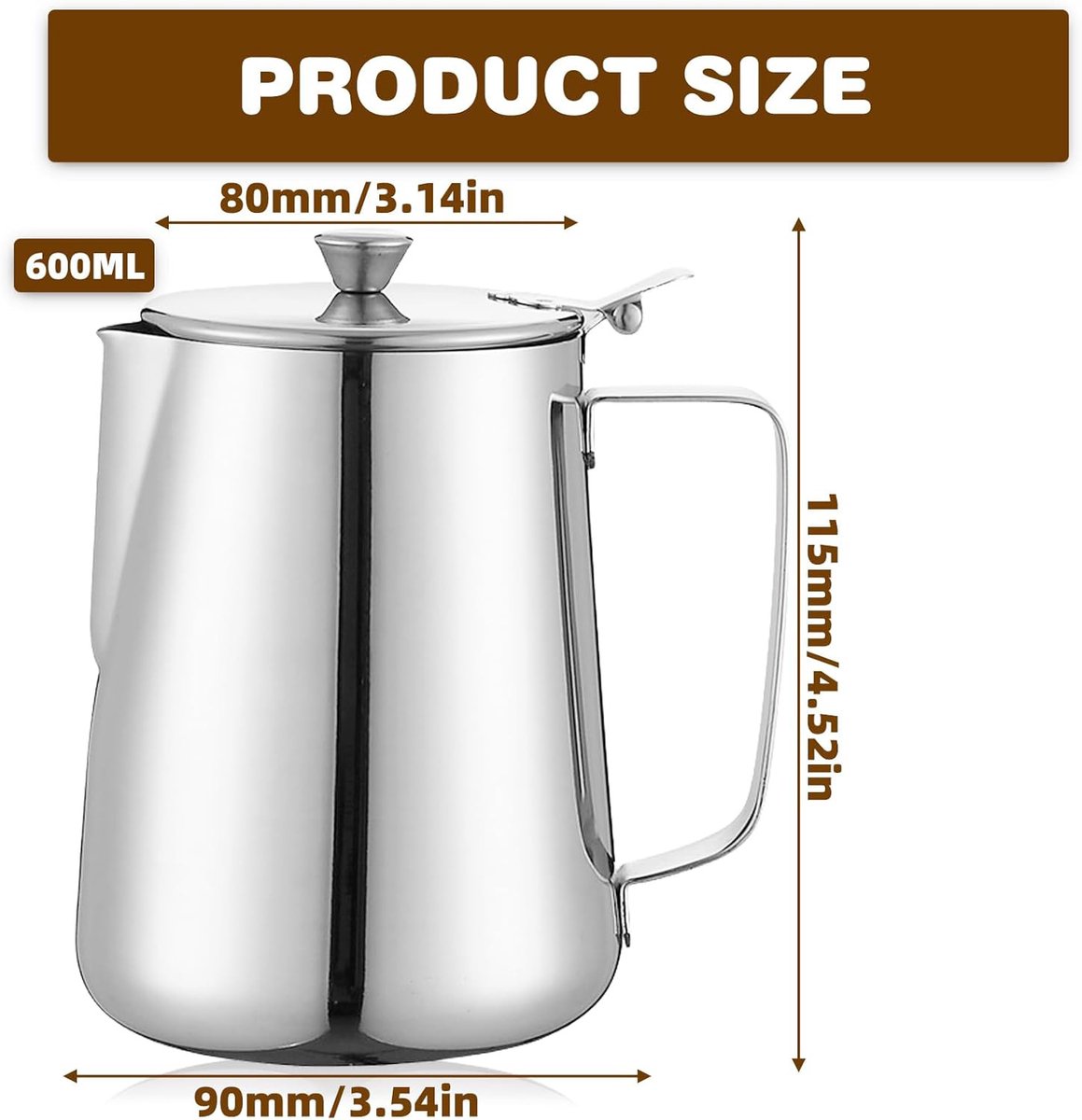 Milk Jug - Barista Latte Artisan Accessories with Lid - 600ml Milk Jug - Stainless Steel Milk Jug with Lid - Milk Frothing Jug - Coffee Milk Jug with Cup - Suitable for Cappuccino, Espresso, and Barista Use - Image 2
