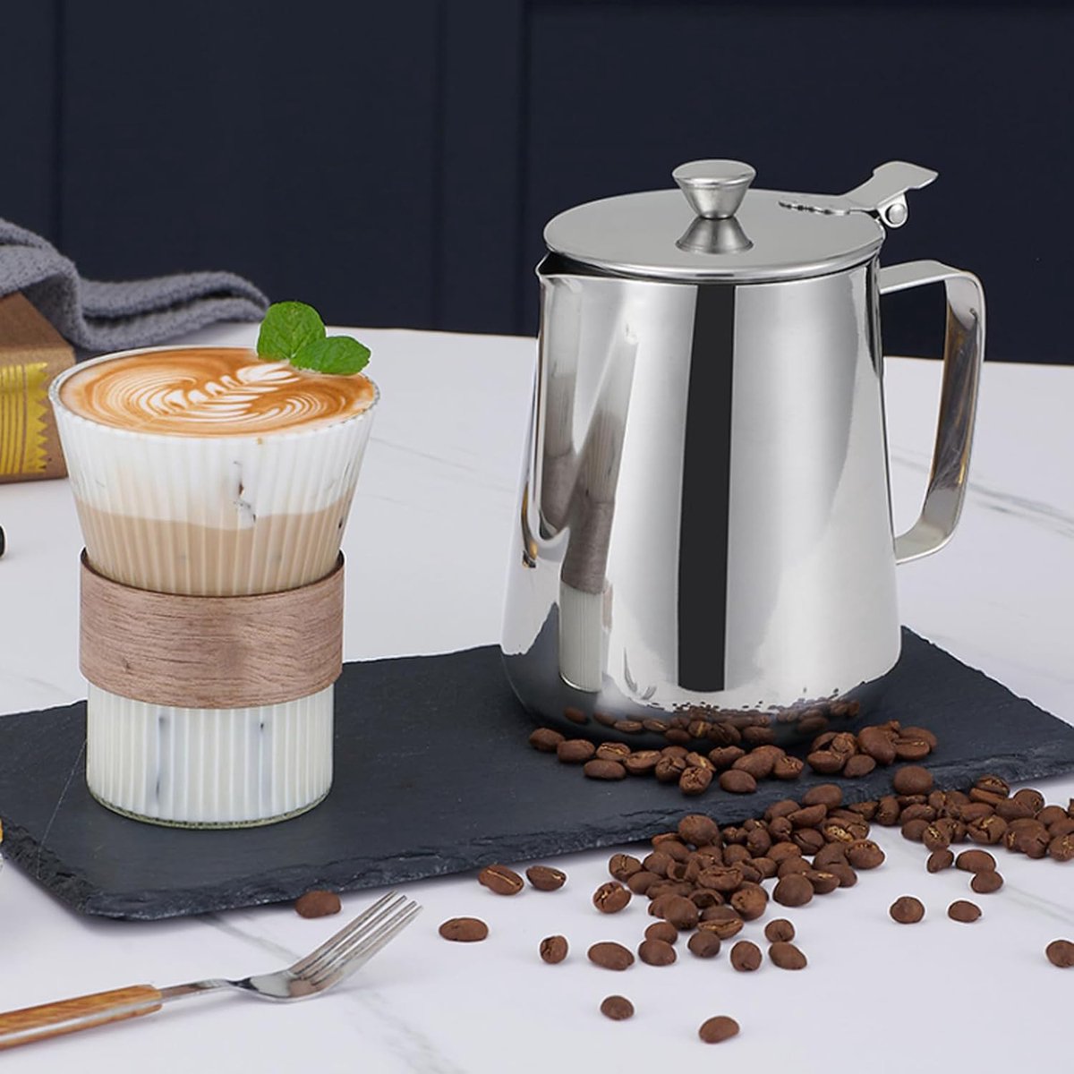 Milk Jug - Barista Latte Artisan Accessories with Lid - 600ml Milk Jug - Stainless Steel Milk Jug with Lid - Milk Frothing Jug - Coffee Milk Jug with Cup - Suitable for Cappuccino, Espresso, and Barista Use - Image 4