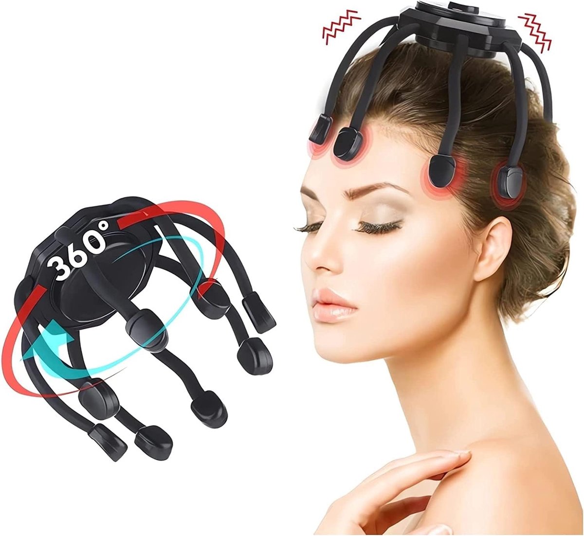 The head massager features 3 vibrating contacts, is ultra-rechargeable, and has a removable head attachment. Suitable for pain and anxiety relief, stress reduction, relaxation, and deep sleep. - Image 1