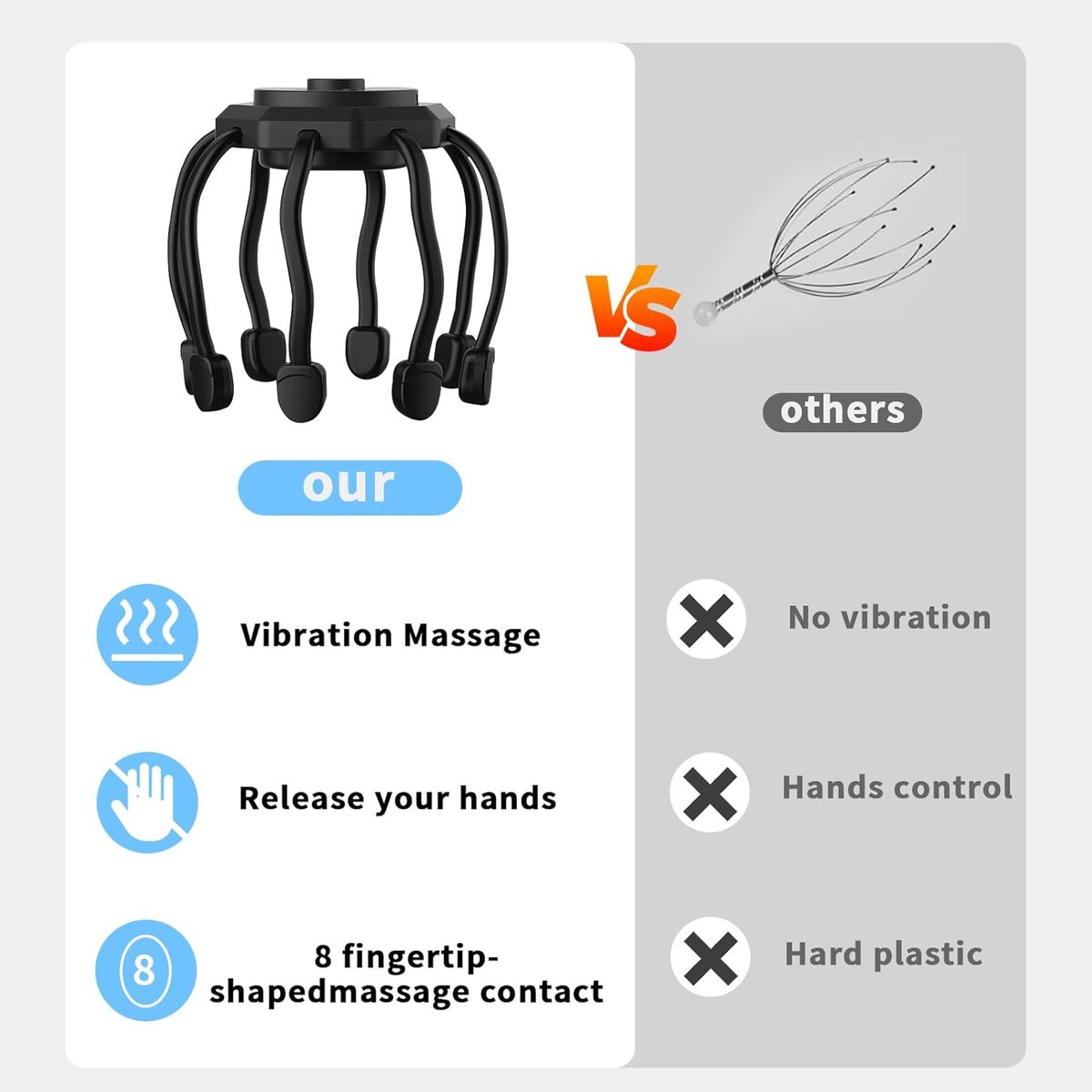 The head massager features 3 vibrating contacts, is ultra-rechargeable, and has a removable head attachment. Suitable for pain and anxiety relief, stress reduction, relaxation, and deep sleep. - Image 4