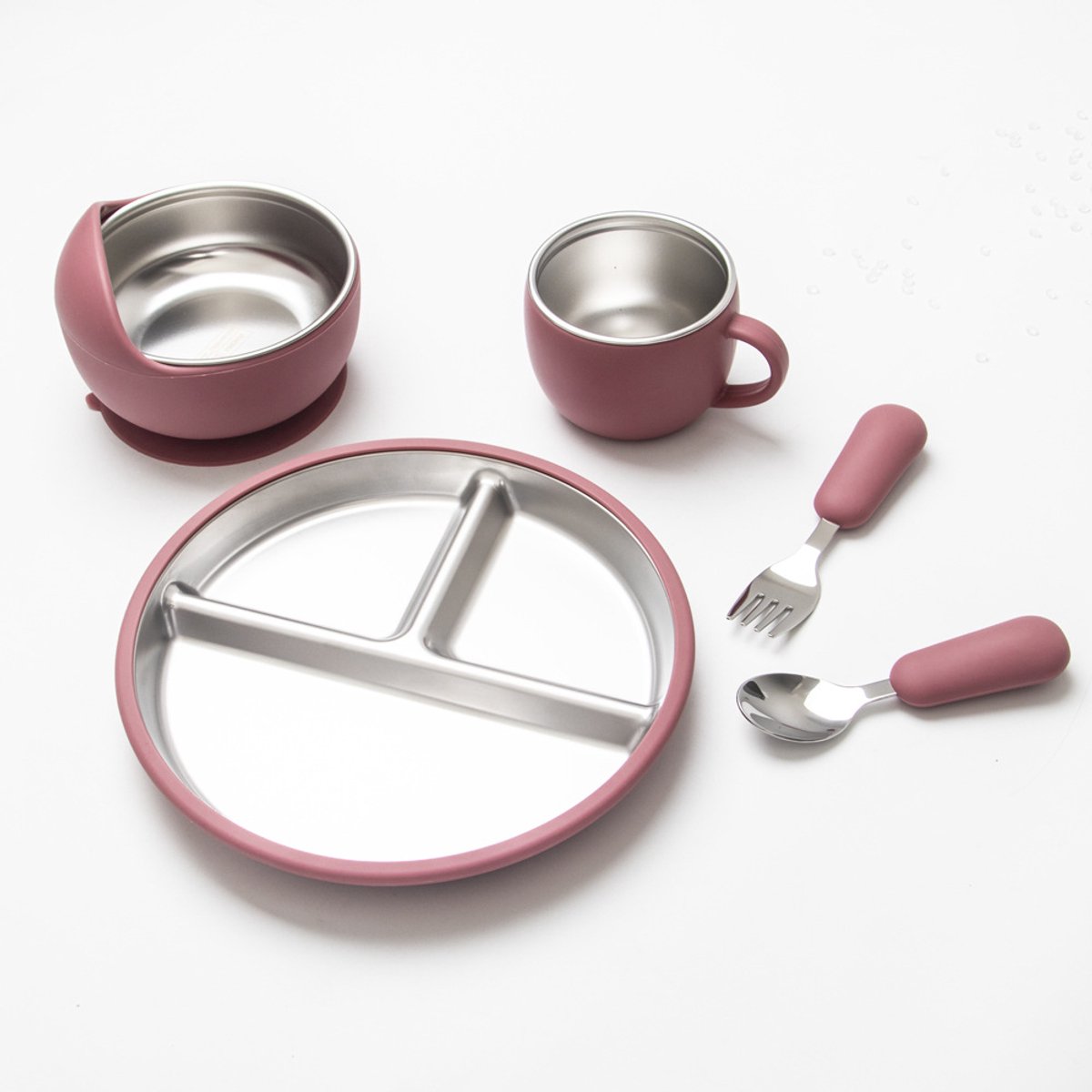 5-Piece Set - Children's Plate - Baby Plate in Stainless Steel - BPA-Free - Non-Slip - Unbreakable - Removable - Suitable for Children 1-3 Years Old - Includes Plate, Bowl, Cup, Fork, Spoon - Pink - Image 1