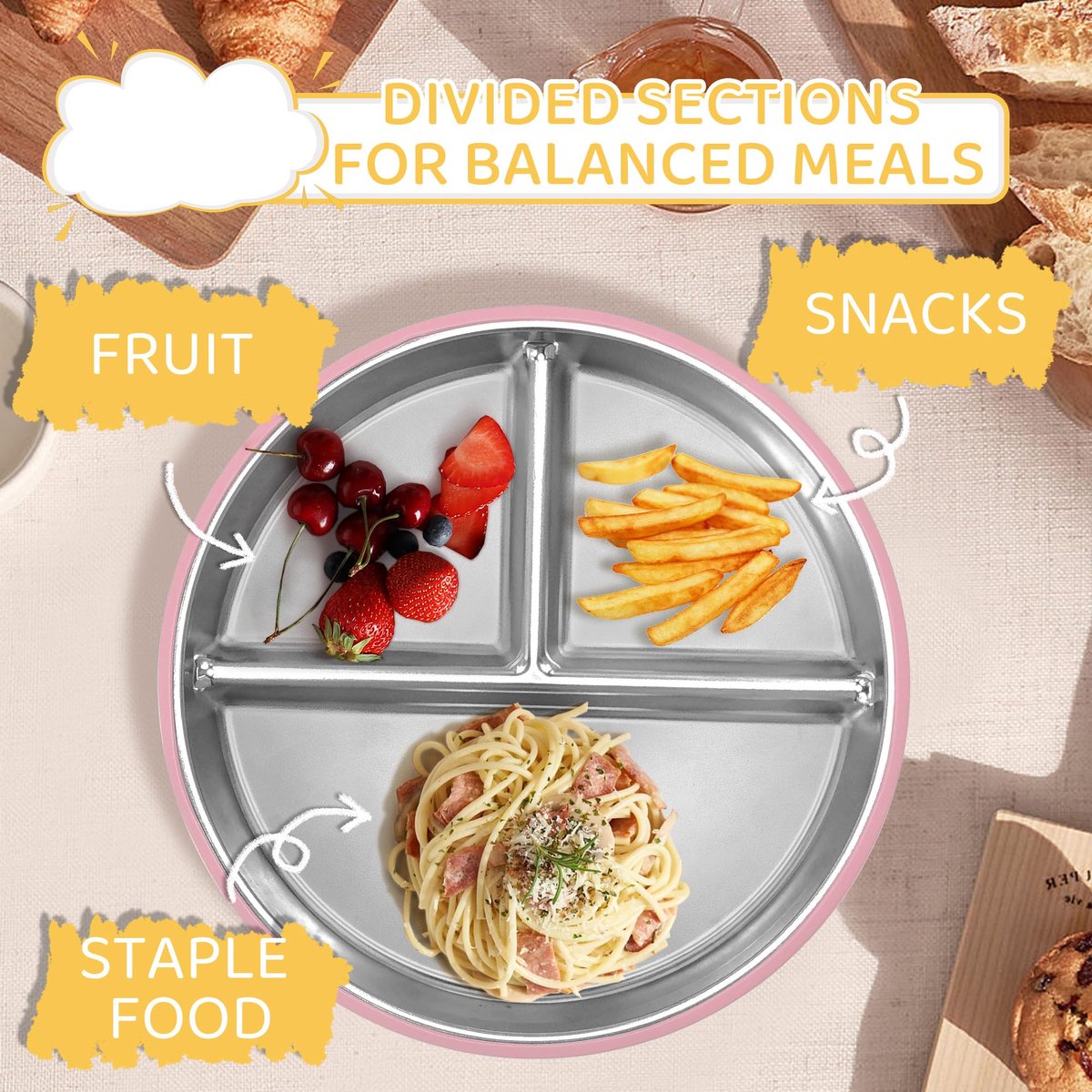 5-Piece Set - Children's Plate - Baby Plate in Stainless Steel - BPA-Free - Non-Slip - Unbreakable - Removable - Suitable for Children 1-3 Years Old - Includes Plate, Bowl, Cup, Fork, Spoon - Pink - Image 3