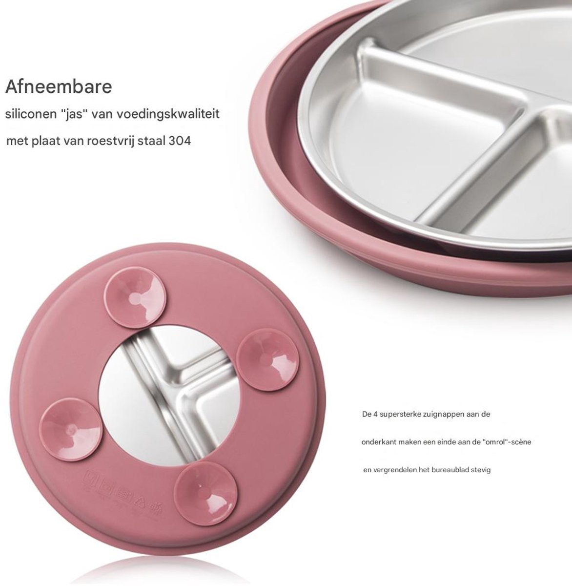 5-Piece Set - Children's Plate - Baby Plate in Stainless Steel - BPA-Free - Non-Slip - Unbreakable - Removable - Suitable for Children 1-3 Years Old - Includes Plate, Bowl, Cup, Fork, Spoon - Pink - Image 5