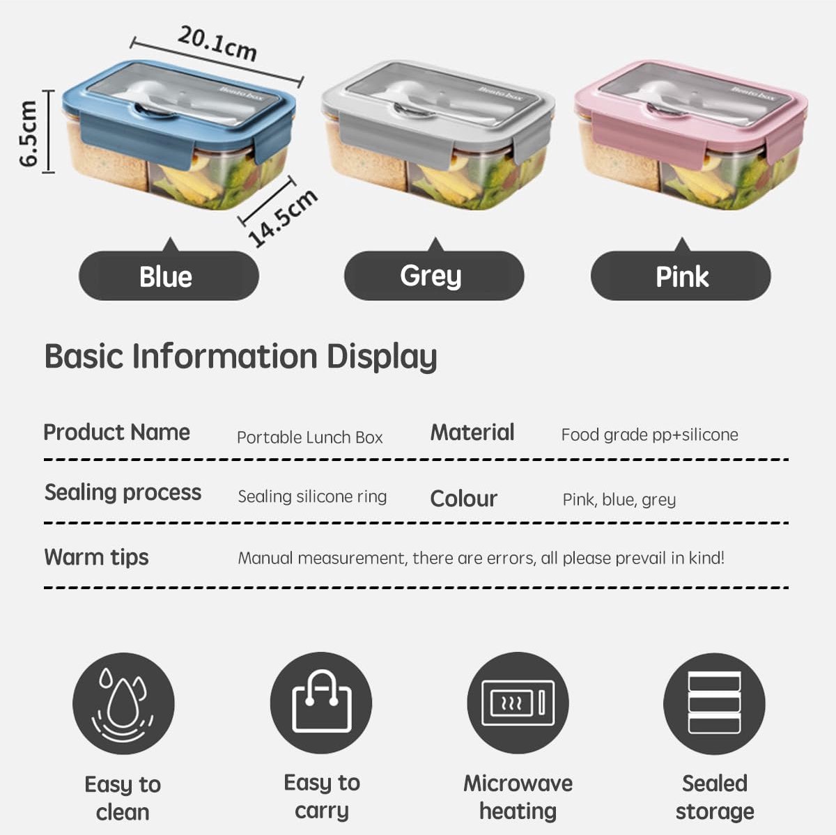 Lunch box - Lunch box for adults - Lunch boxes for children - Compartment lunch box - Reusable lunch box - 2-compartment container - Insulated - Sealable - Portable - Microwaveable (grey) - Image 6