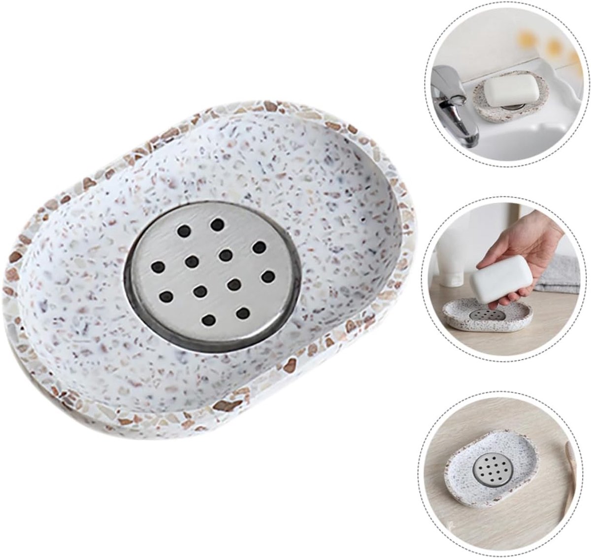 Terrazzo soap dish with stainless steel drainer, beige, natural stone, beige for bathroom, sink and kitchen - Drainage design for bathroom sinks and countertops - Image 1